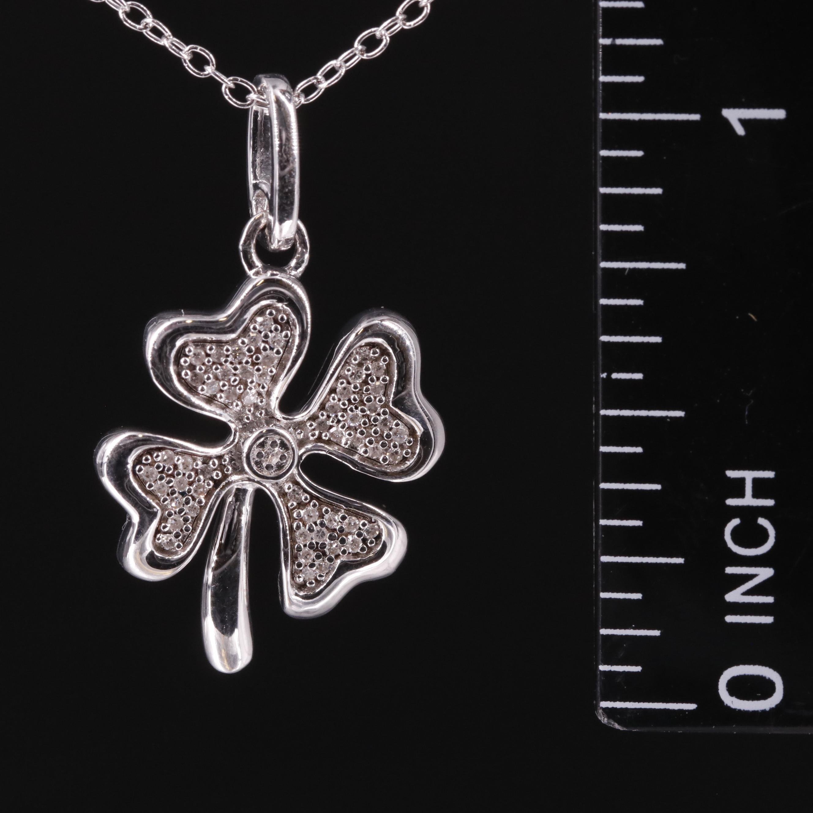 Sterling Diamond Four Leaf Clover Pendant Necklace
