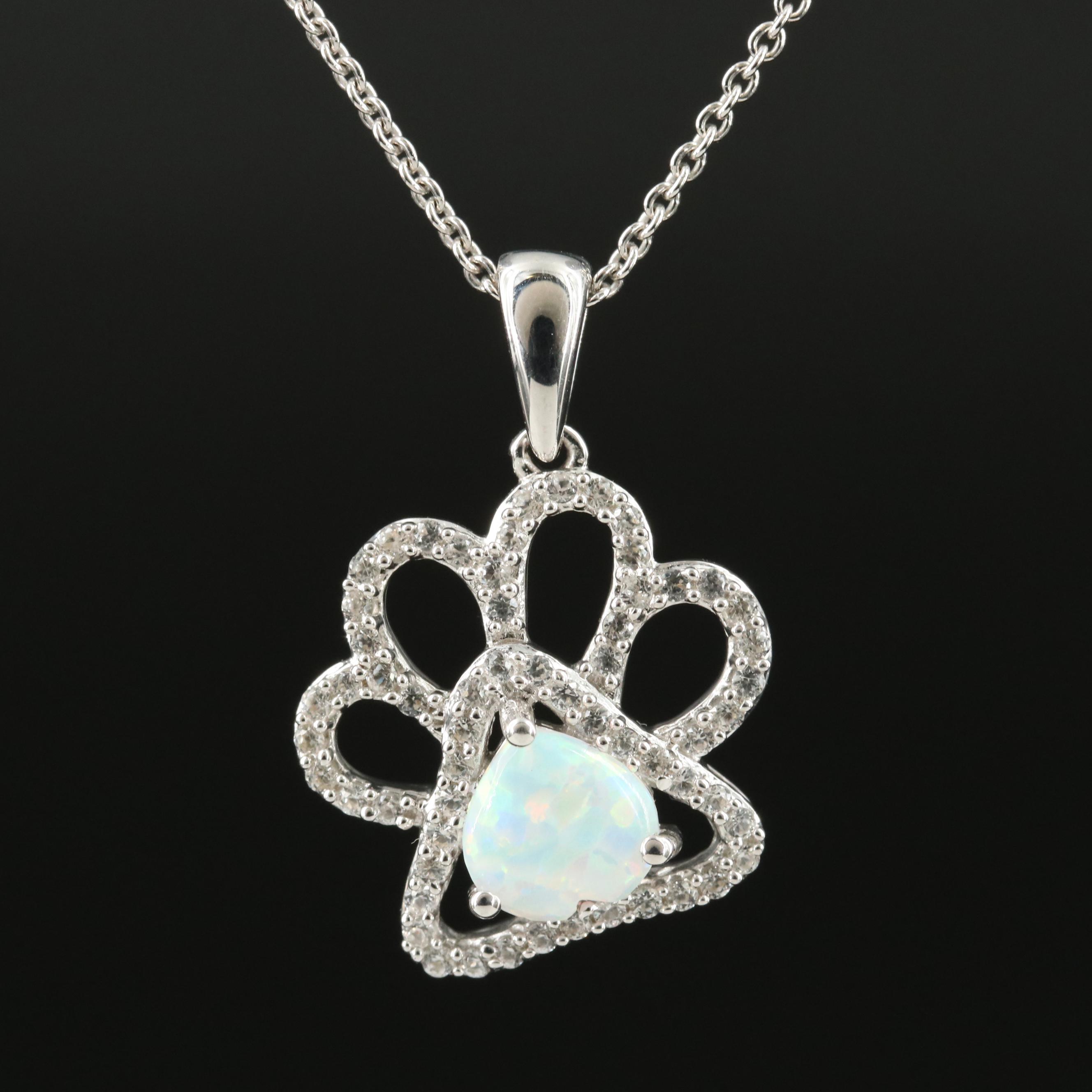 Sterling Opal and Sapphire Paw Print Pendant Necklace