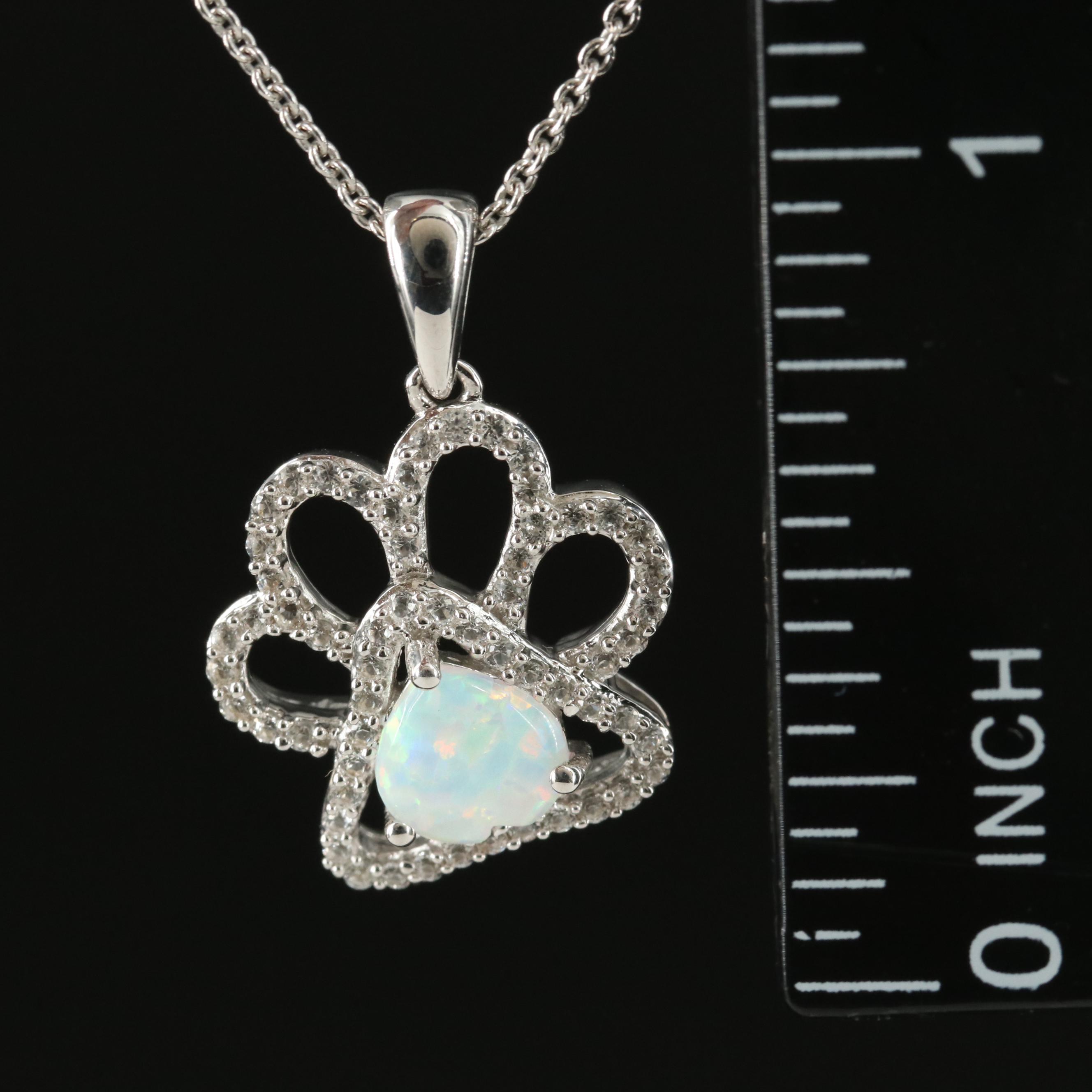 Sterling Opal and Sapphire Paw Print Pendant Necklace