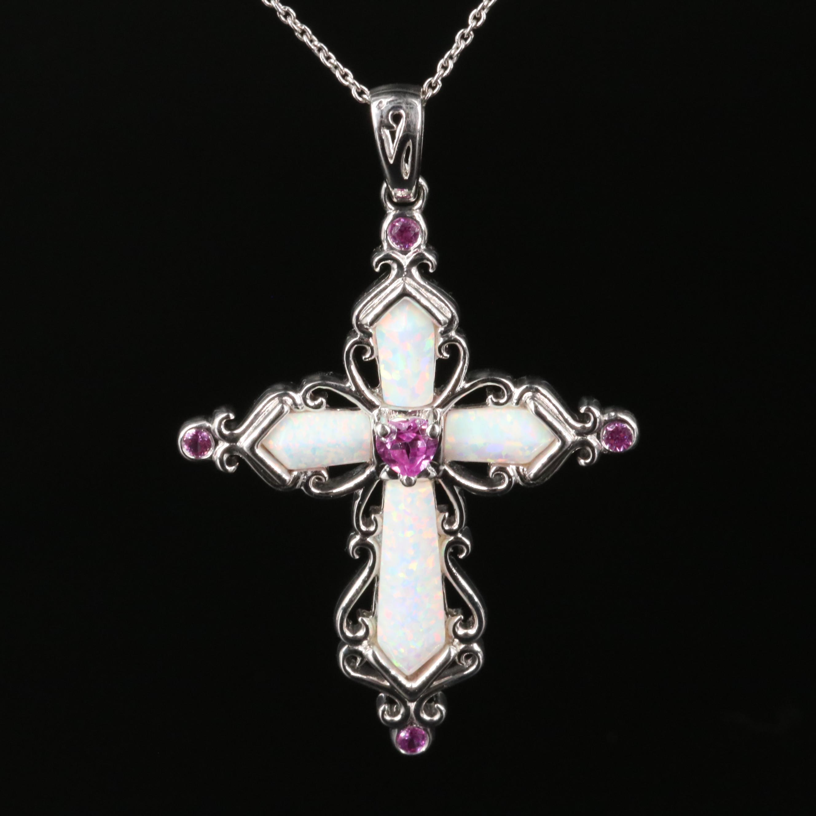 Sterling Opal and Sapphire Cross Necklace
