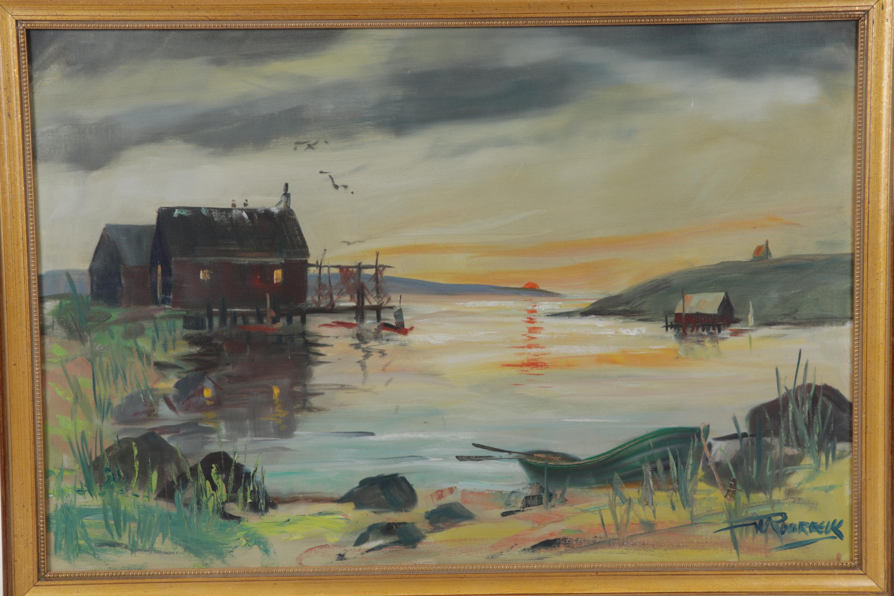 W. Rohrbeck Oil Painting of Small Bayside Docks at Sunset, Late 20th Century