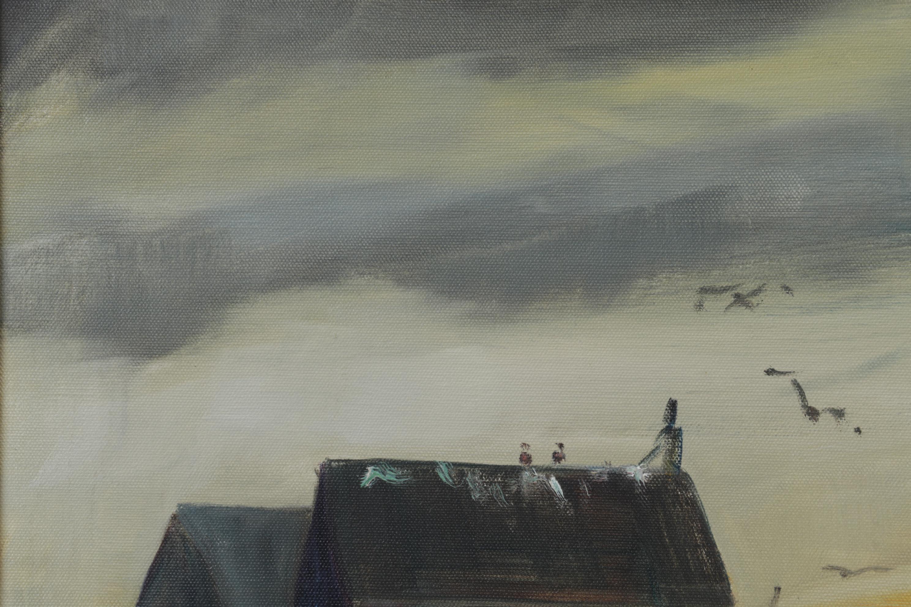 W. Rohrbeck Oil Painting of Small Bayside Docks at Sunset, Late 20th Century