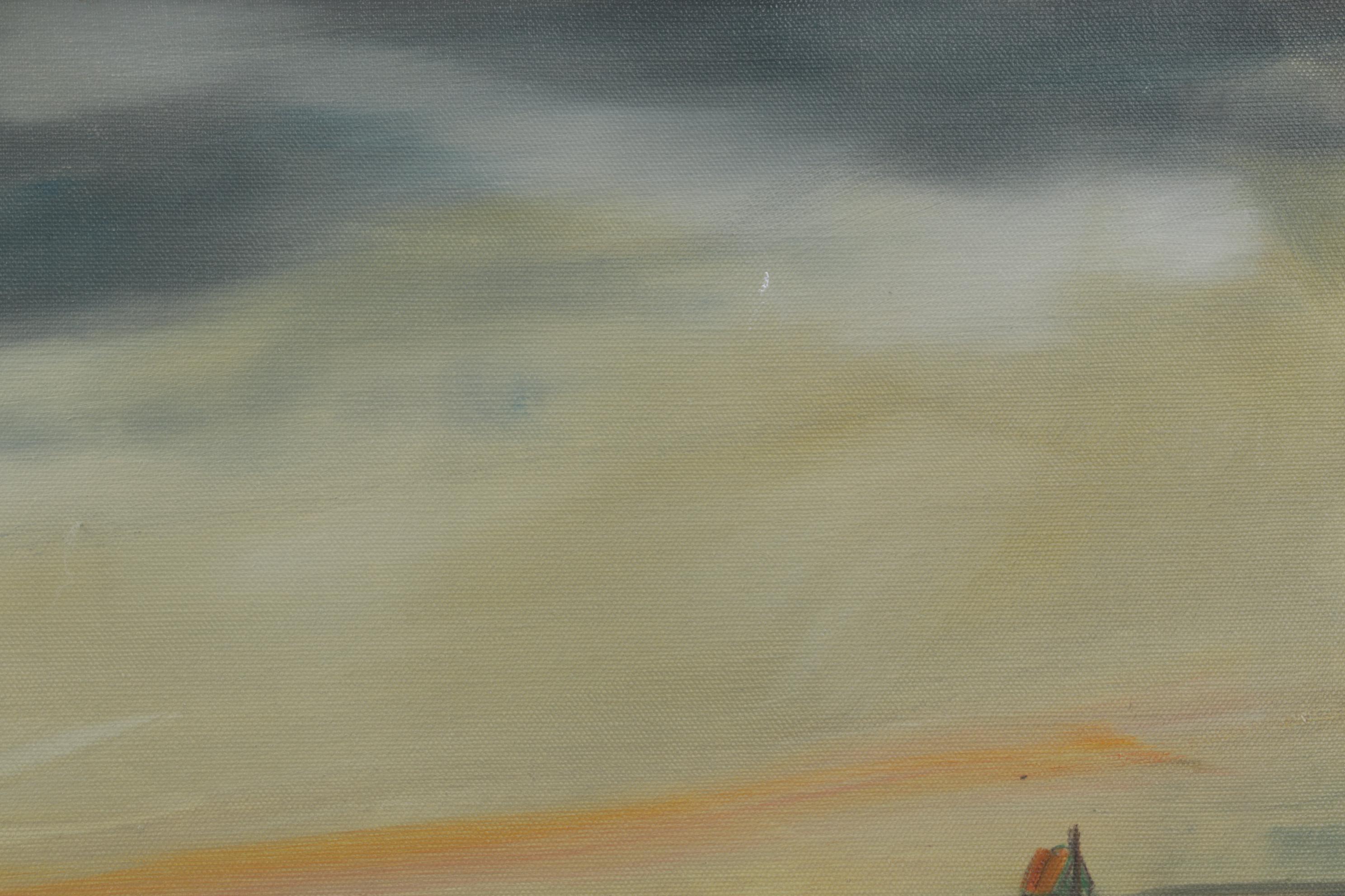 W. Rohrbeck Oil Painting of Small Bayside Docks at Sunset, Late 20th Century