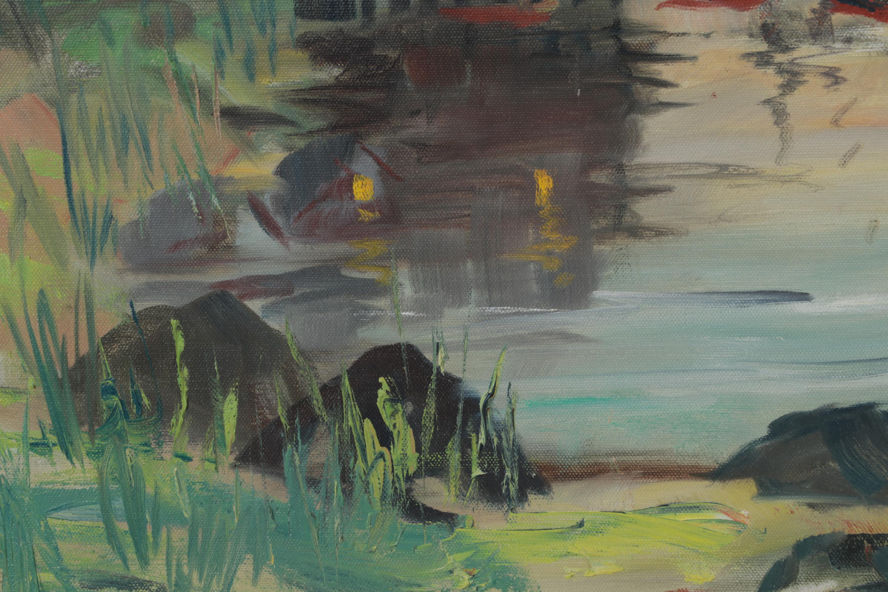 W. Rohrbeck Oil Painting of Small Bayside Docks at Sunset, Late 20th Century