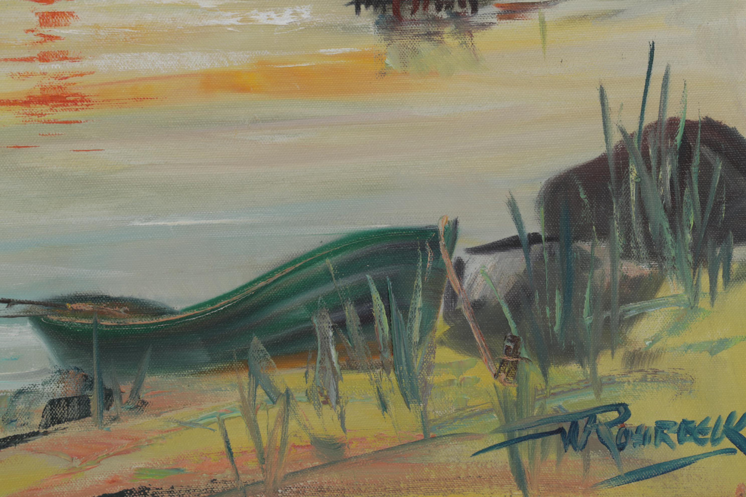 W. Rohrbeck Oil Painting of Small Bayside Docks at Sunset, Late 20th Century
