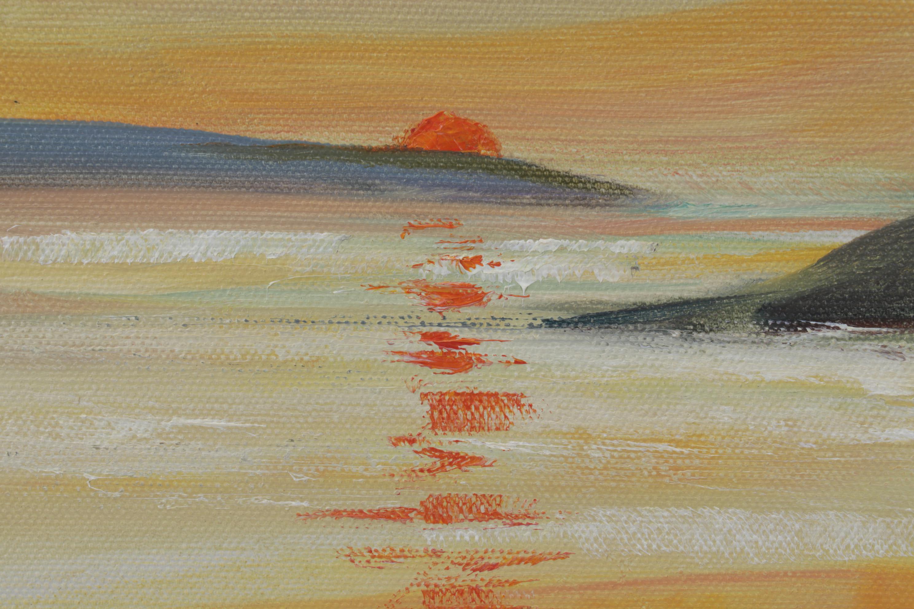 W. Rohrbeck Oil Painting of Small Bayside Docks at Sunset, Late 20th Century