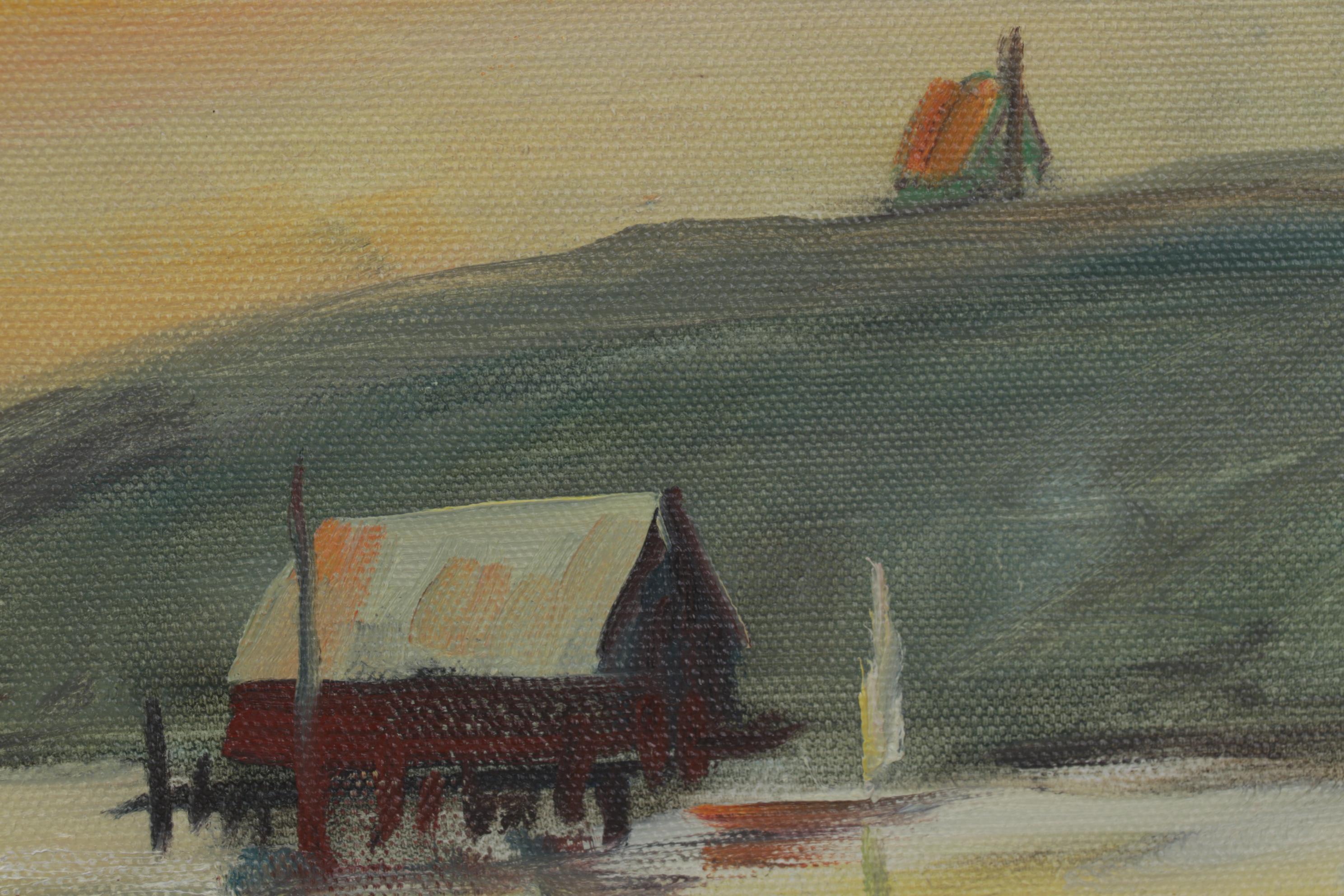 W. Rohrbeck Oil Painting of Small Bayside Docks at Sunset, Late 20th Century