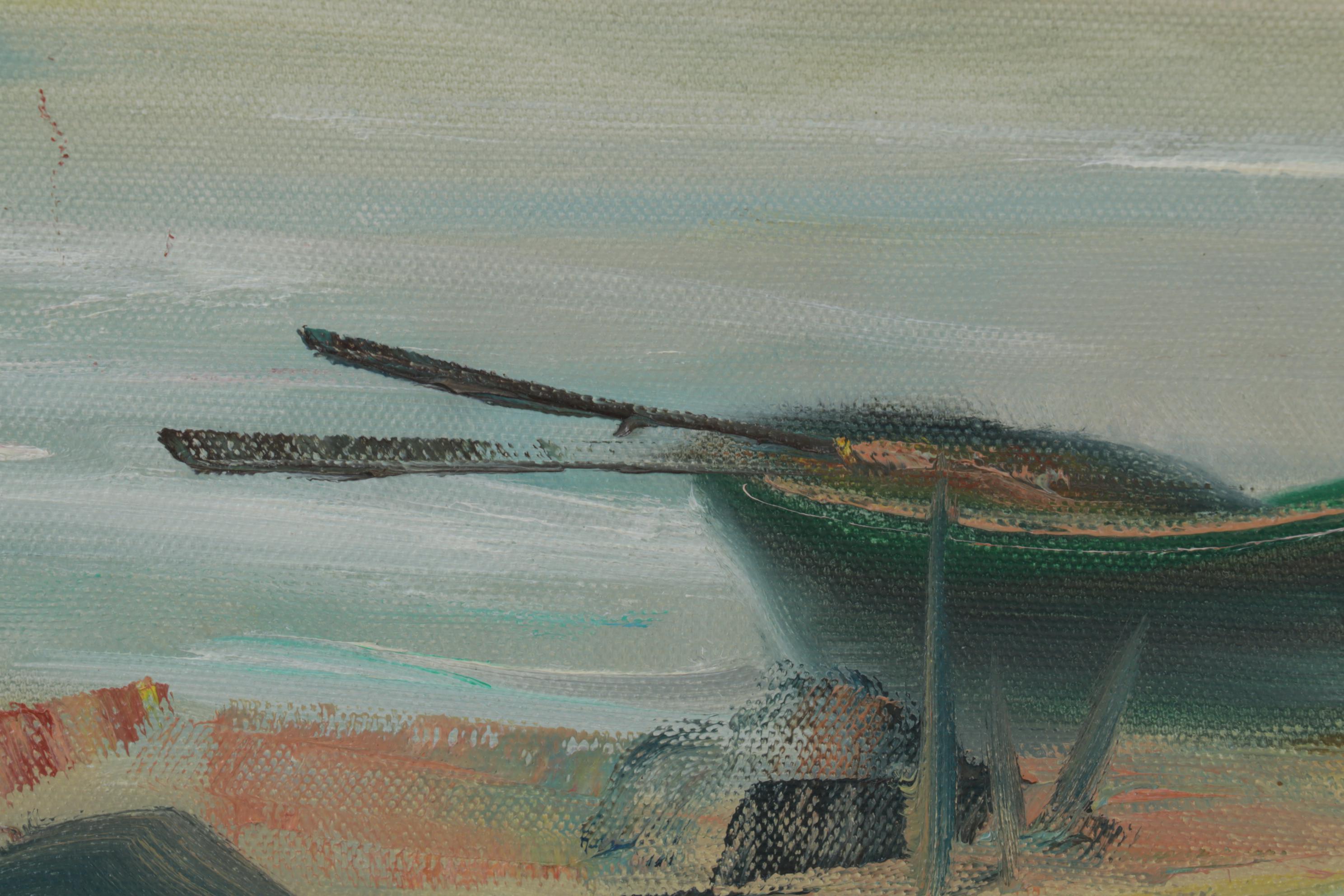 W. Rohrbeck Oil Painting of Small Bayside Docks at Sunset, Late 20th Century