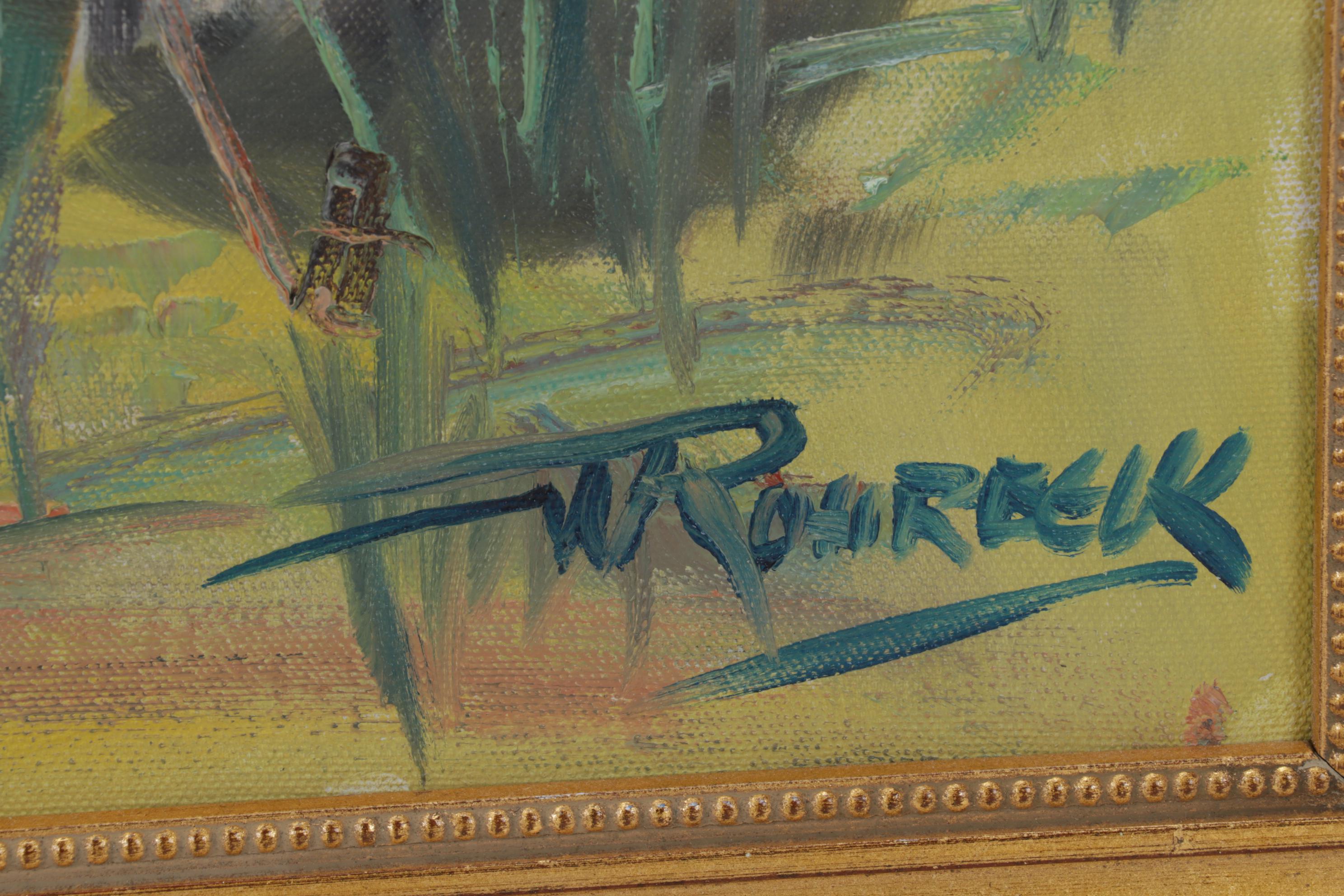 W. Rohrbeck Oil Painting of Small Bayside Docks at Sunset, Late 20th Century