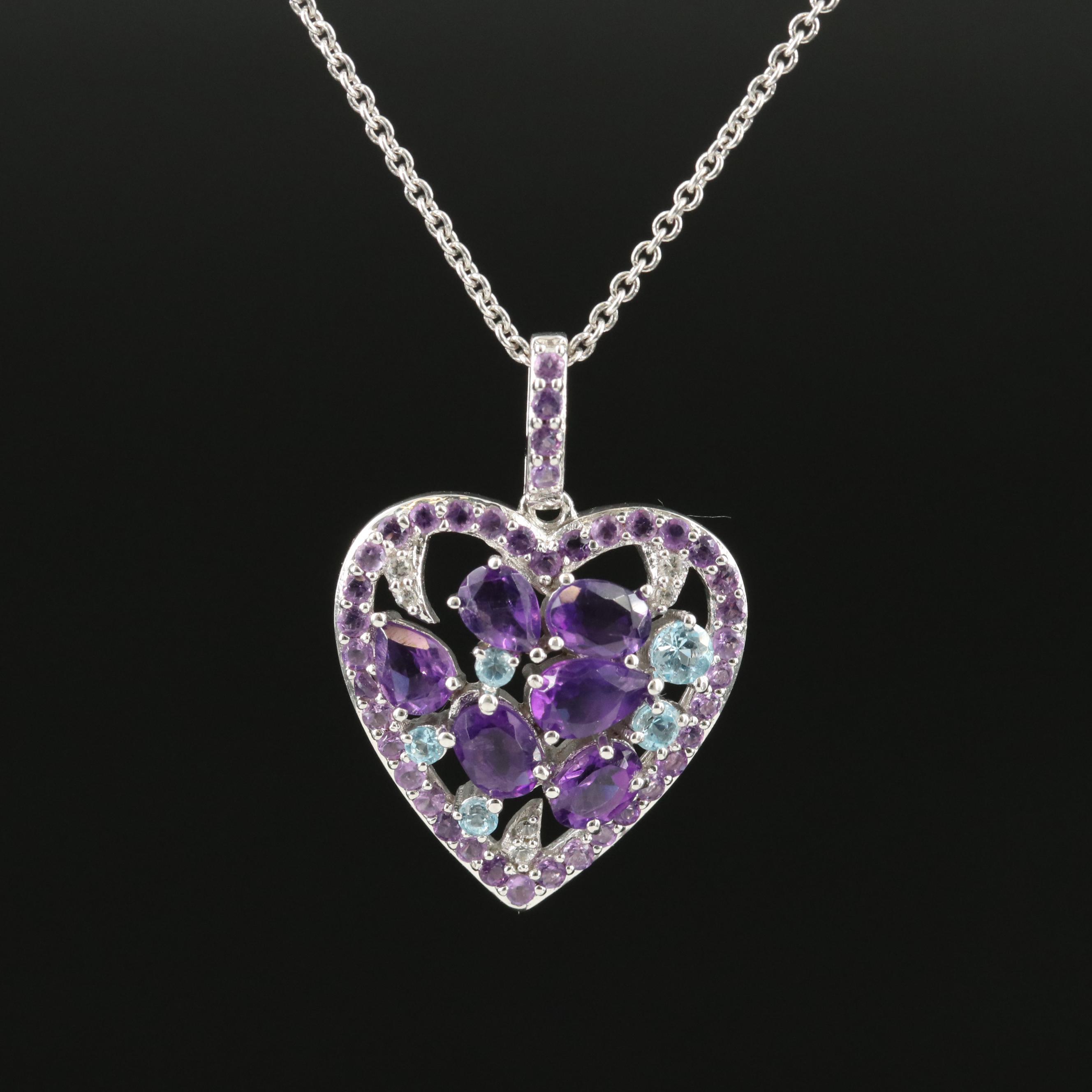 Sterling Amethyst, Topaz and Sapphire Heart Pendant Necklace