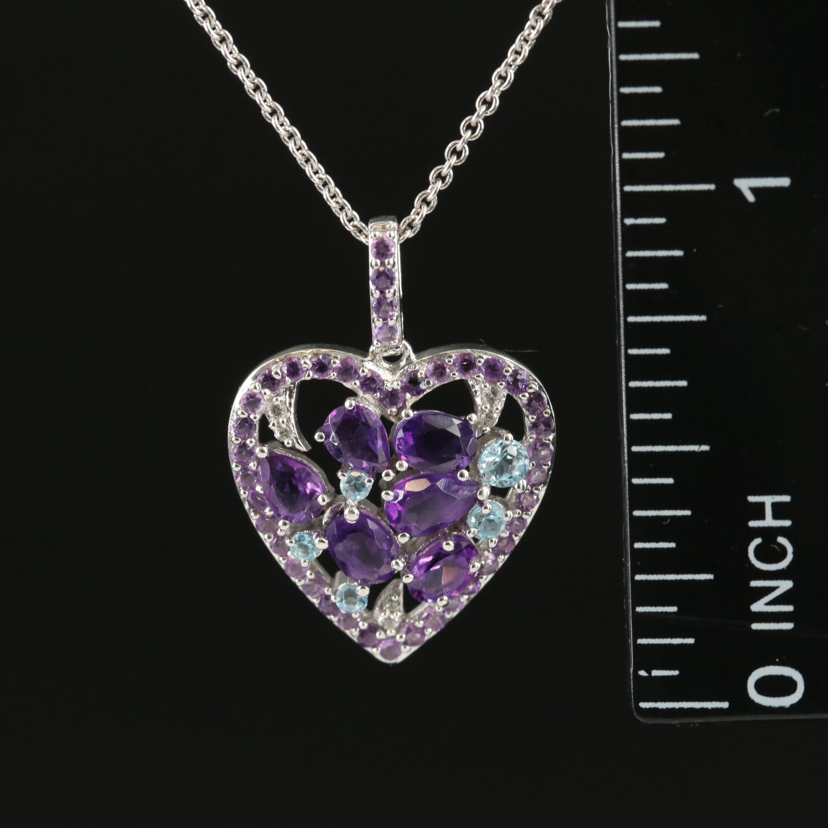 Sterling Amethyst, Topaz and Sapphire Heart Pendant Necklace