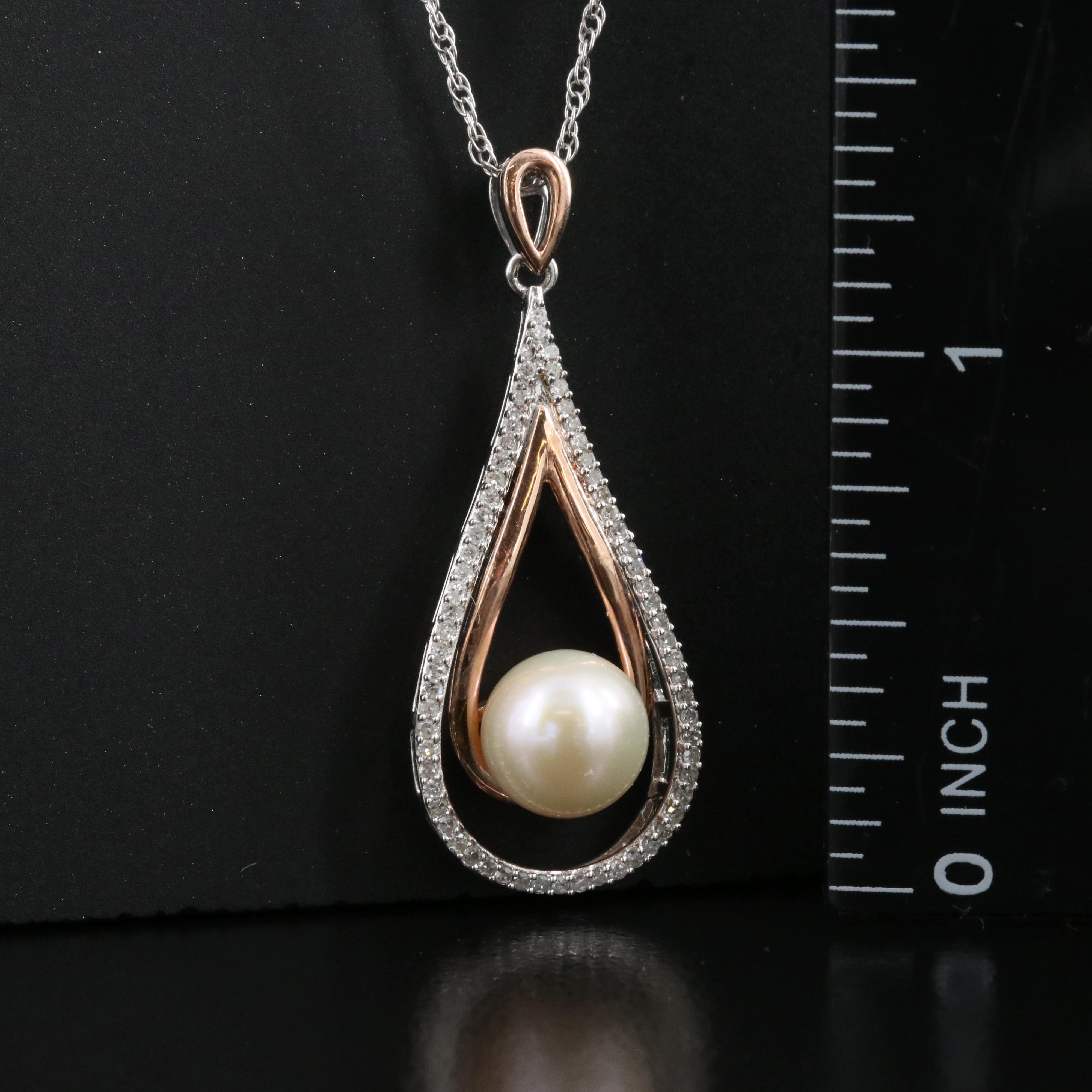 Sterling Pearl and Diamond Pendant Necklace with 14K Rose Gold Accents