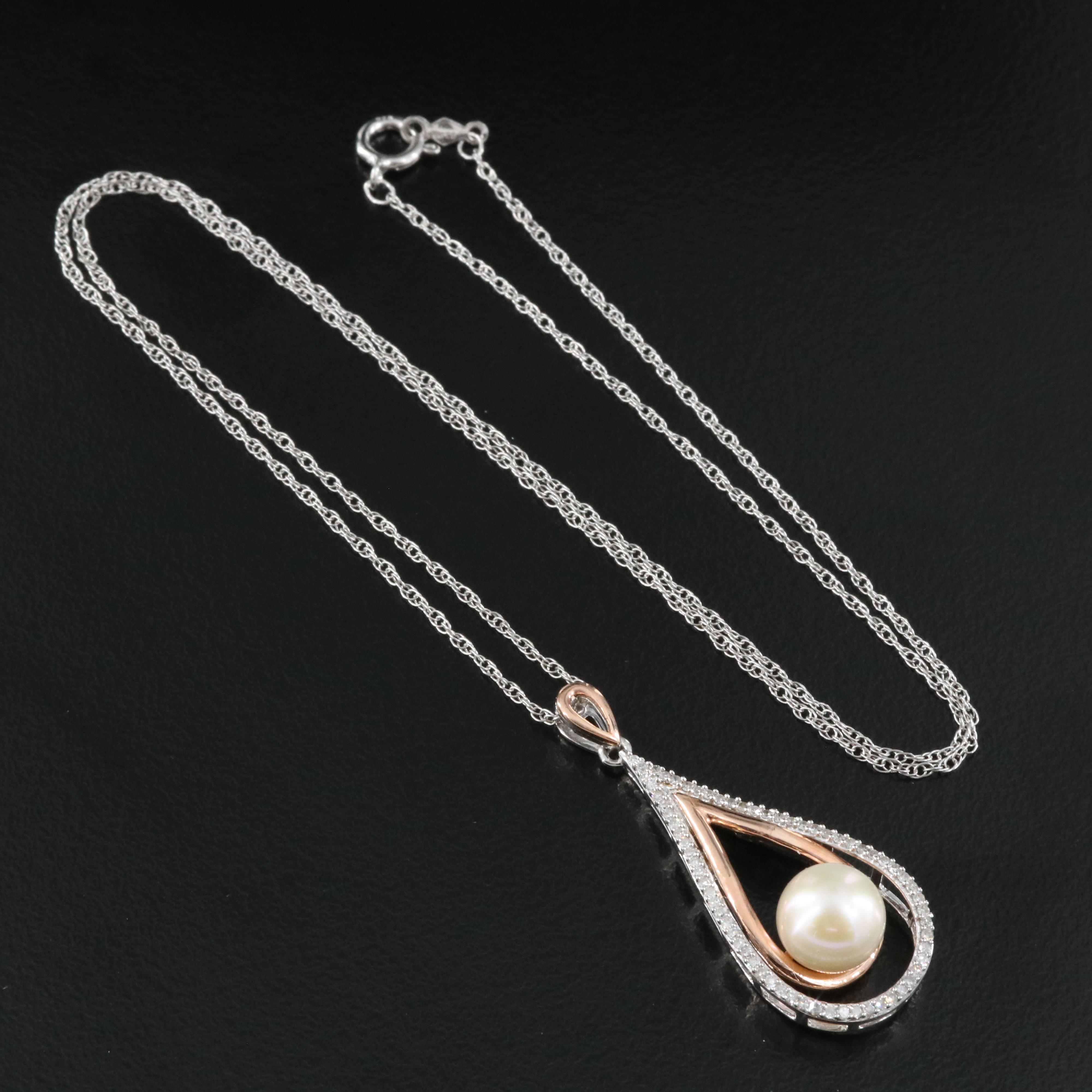 Sterling Pearl and Diamond Pendant Necklace with 14K Rose Gold Accents