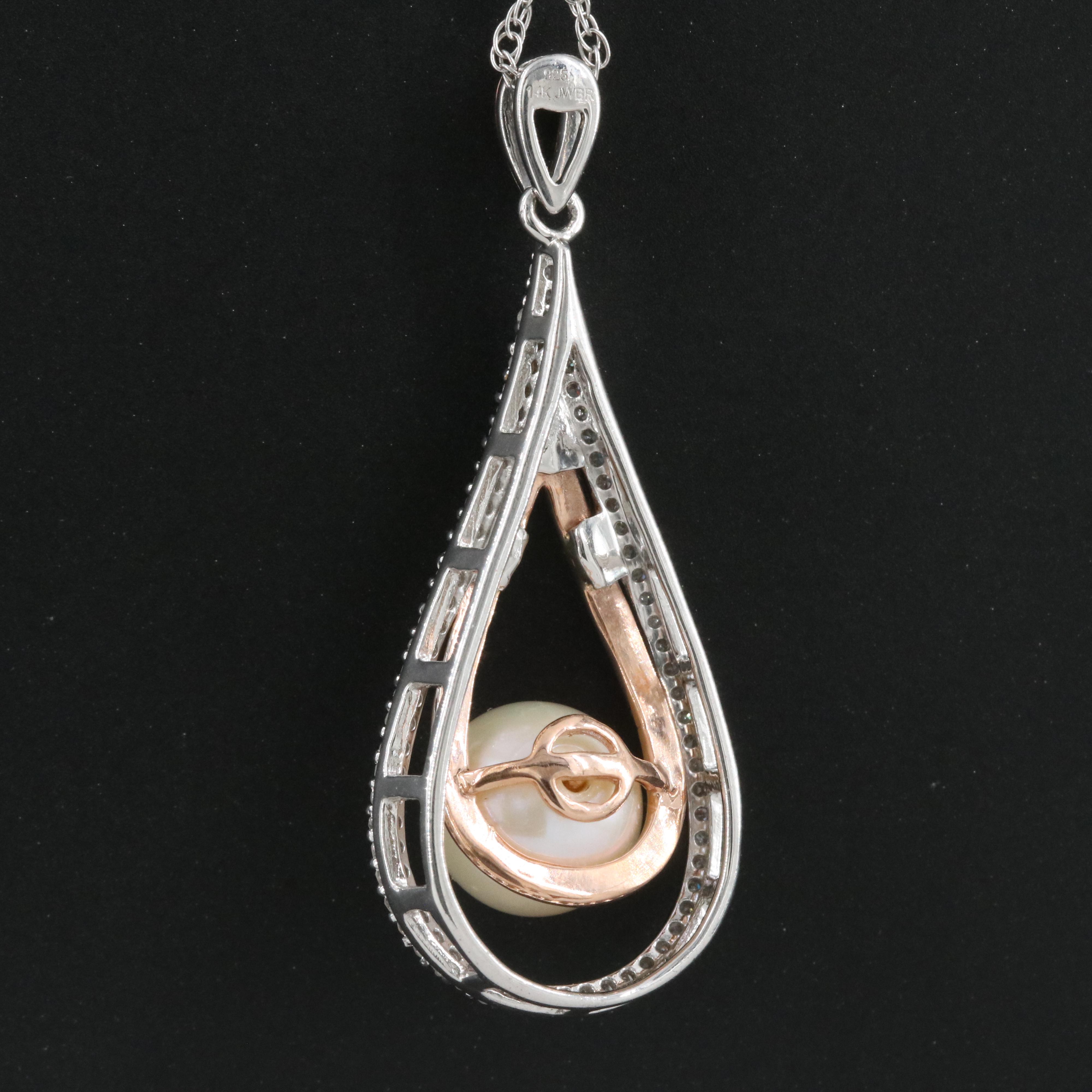Sterling Pearl and Diamond Pendant Necklace with 14K Rose Gold Accents