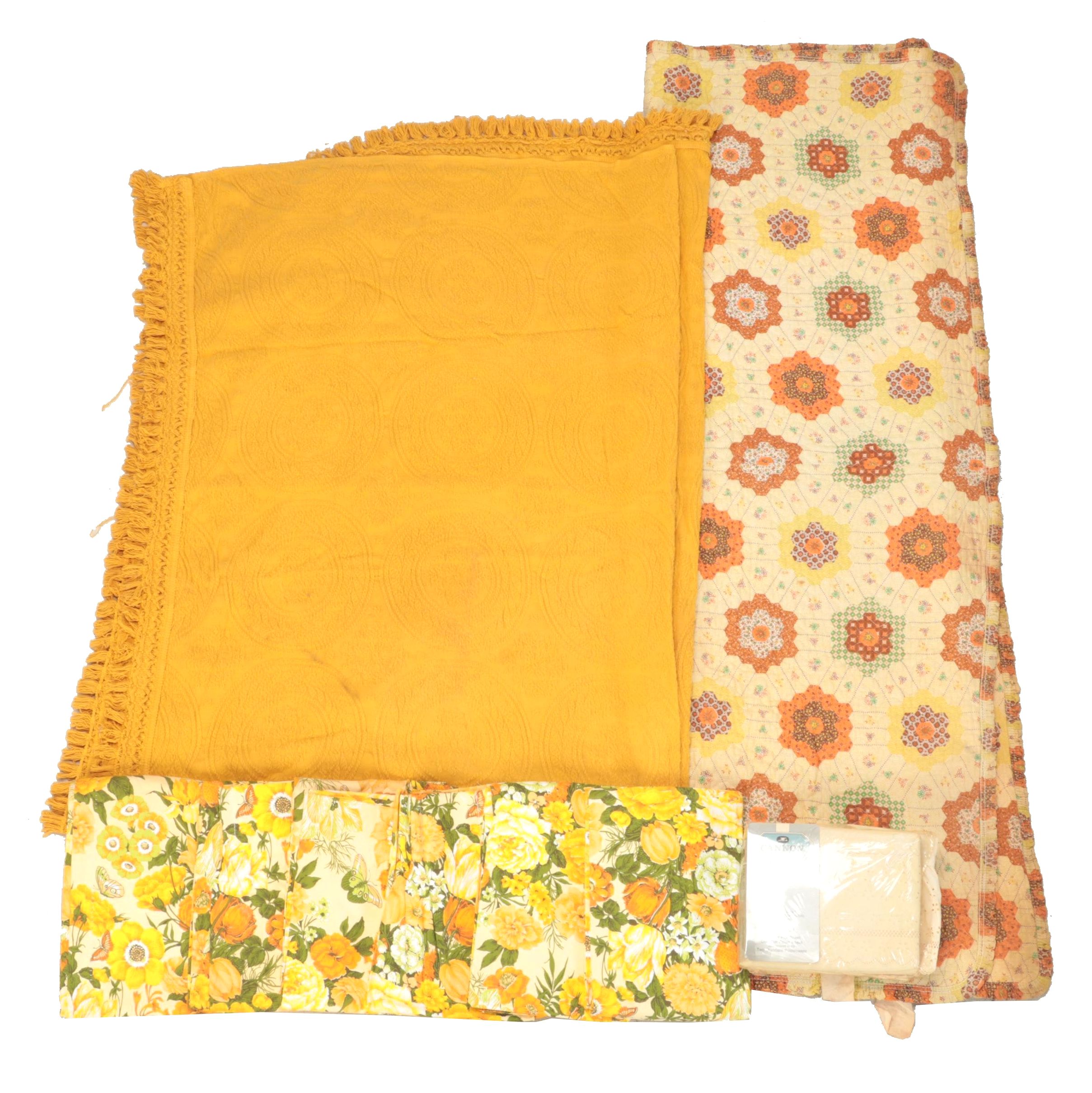 Cannon Jacquard Twin Bedspread with More Bed Linens and Pinch Pleat Drapes