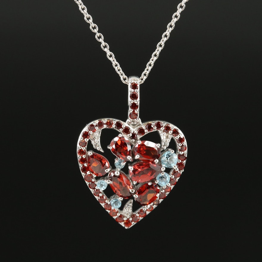 Sterling Garnet and Topaz Heart Pendant Necklace