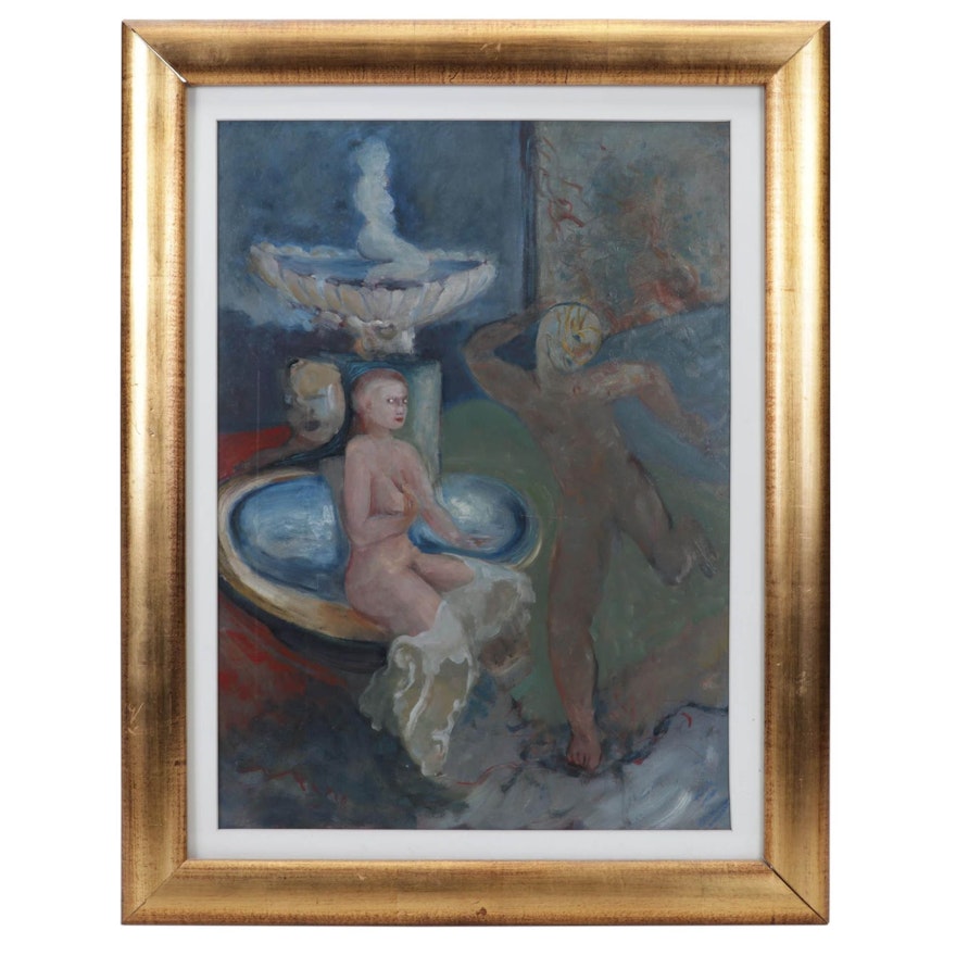 Oil Painting of Nude Figures Next to Fountain, Circa 1970