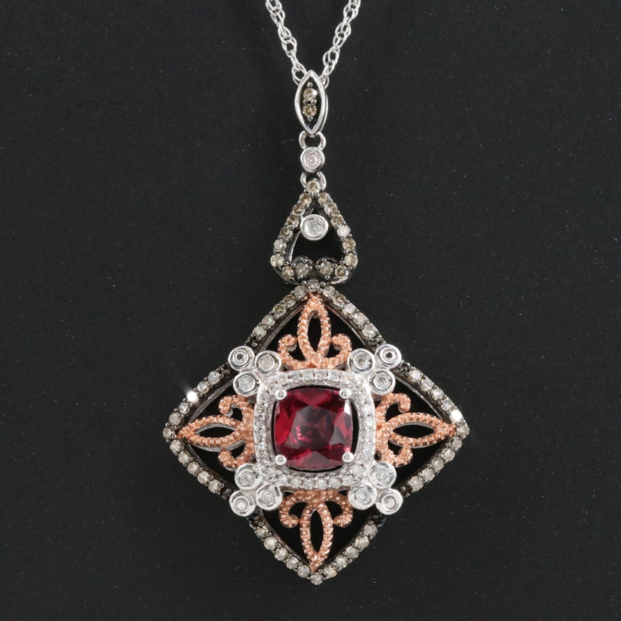 Sterling Rhodolite Garnet and Diamond Quatrefoil Pendant Necklace