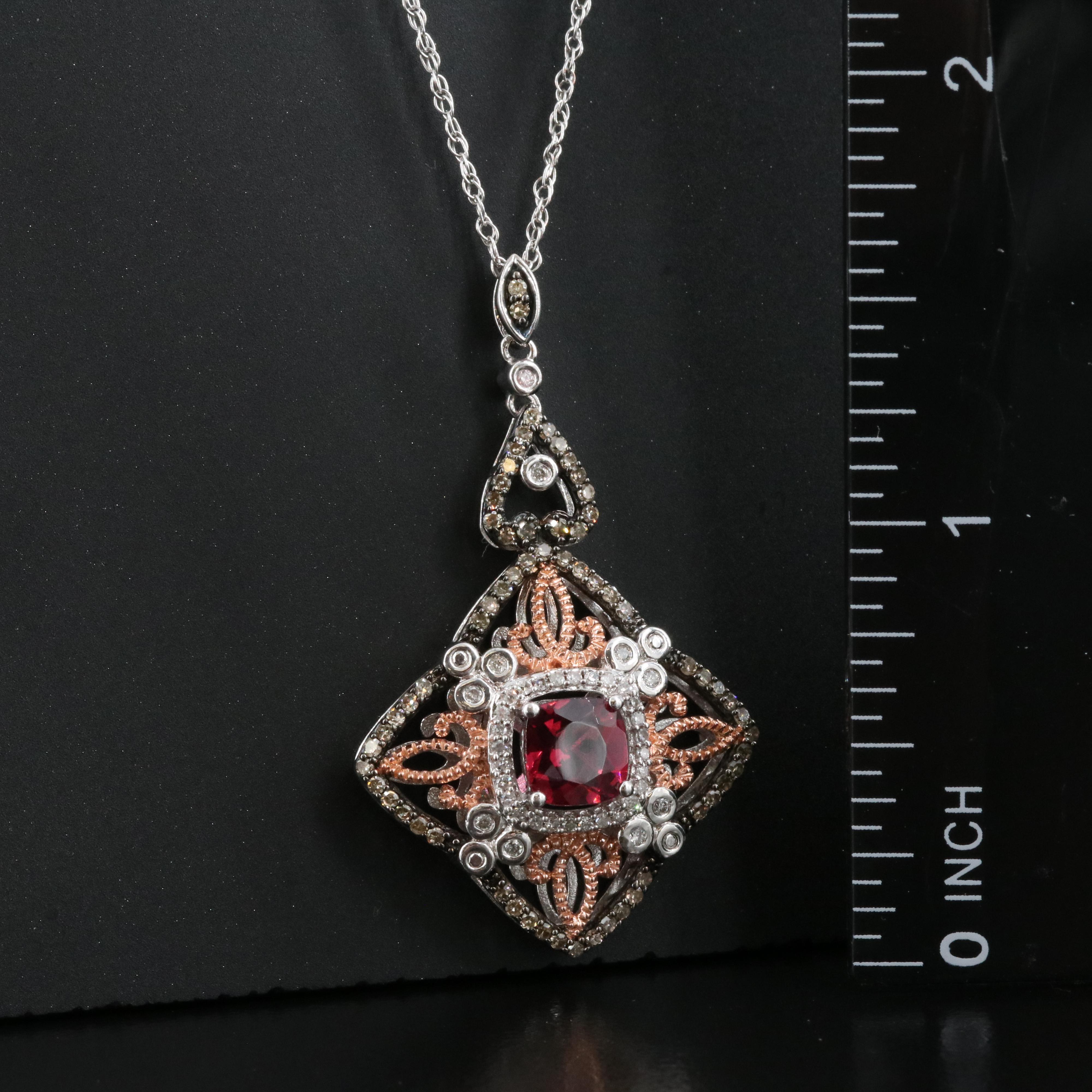 Sterling Rhodolite Garnet and Diamond Quatrefoil Pendant Necklace
