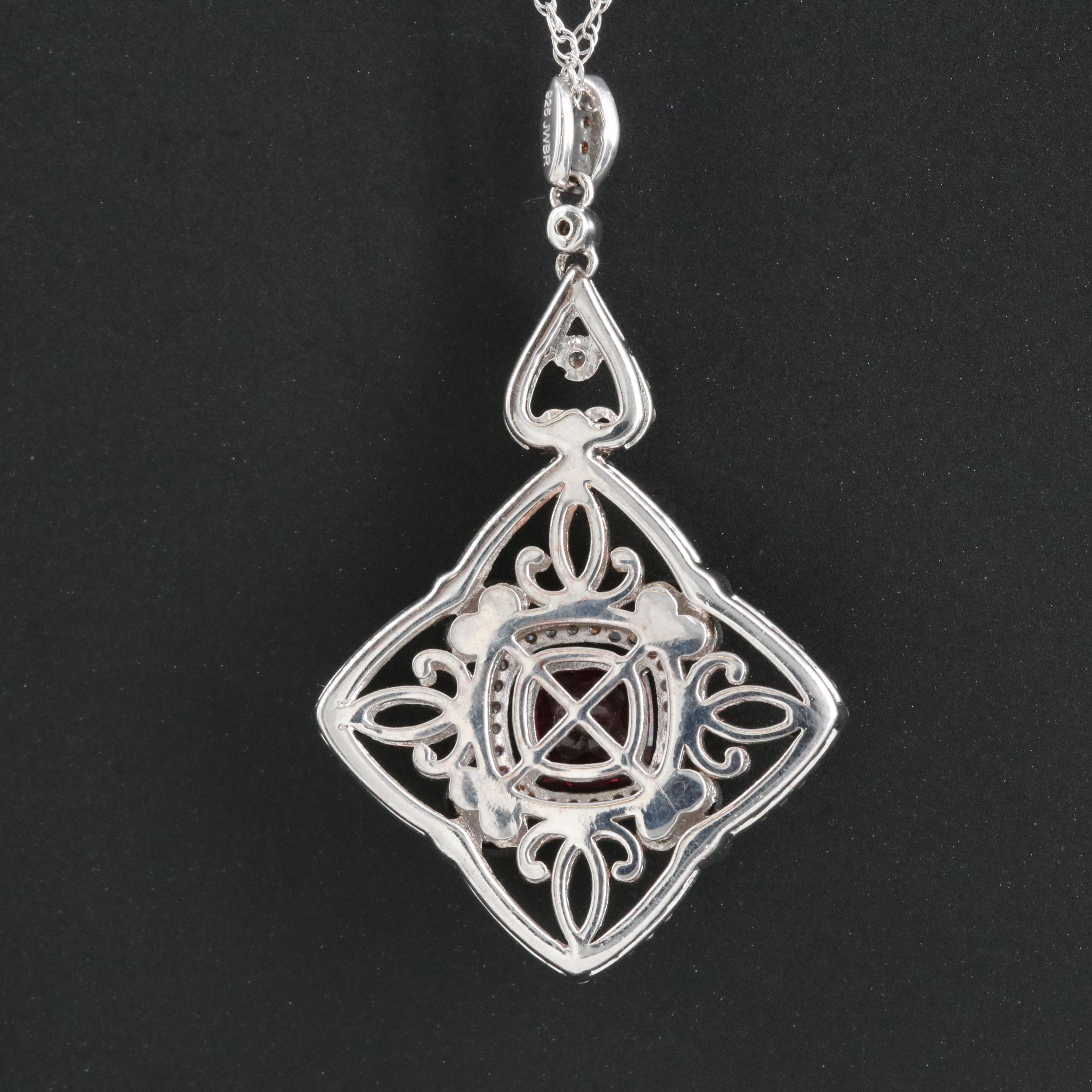 Sterling Rhodolite Garnet and Diamond Quatrefoil Pendant Necklace