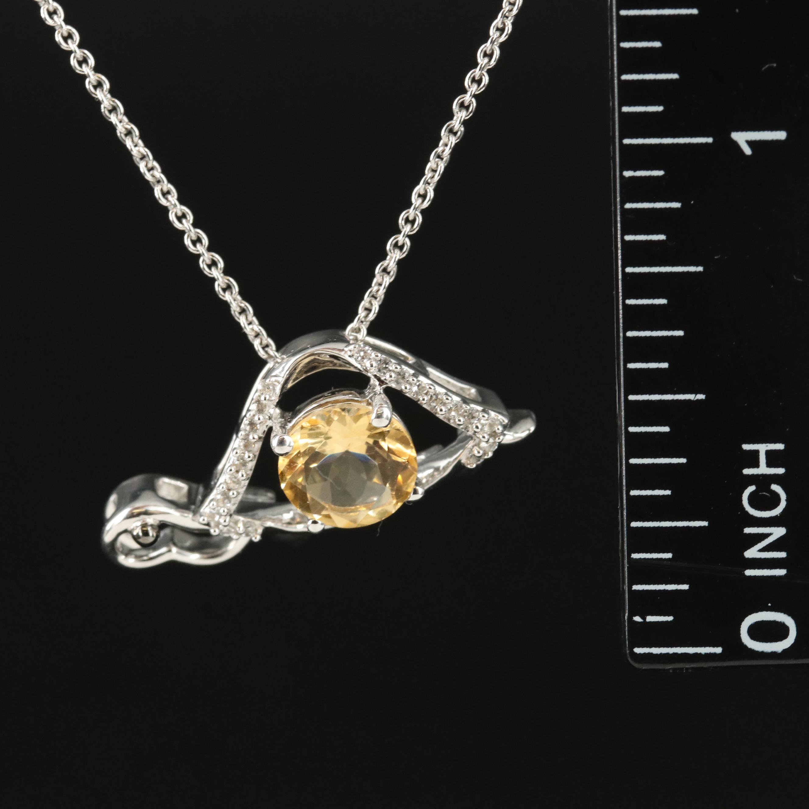 Sterling Citrine and White Sapphire Turtle Pendant Necklace