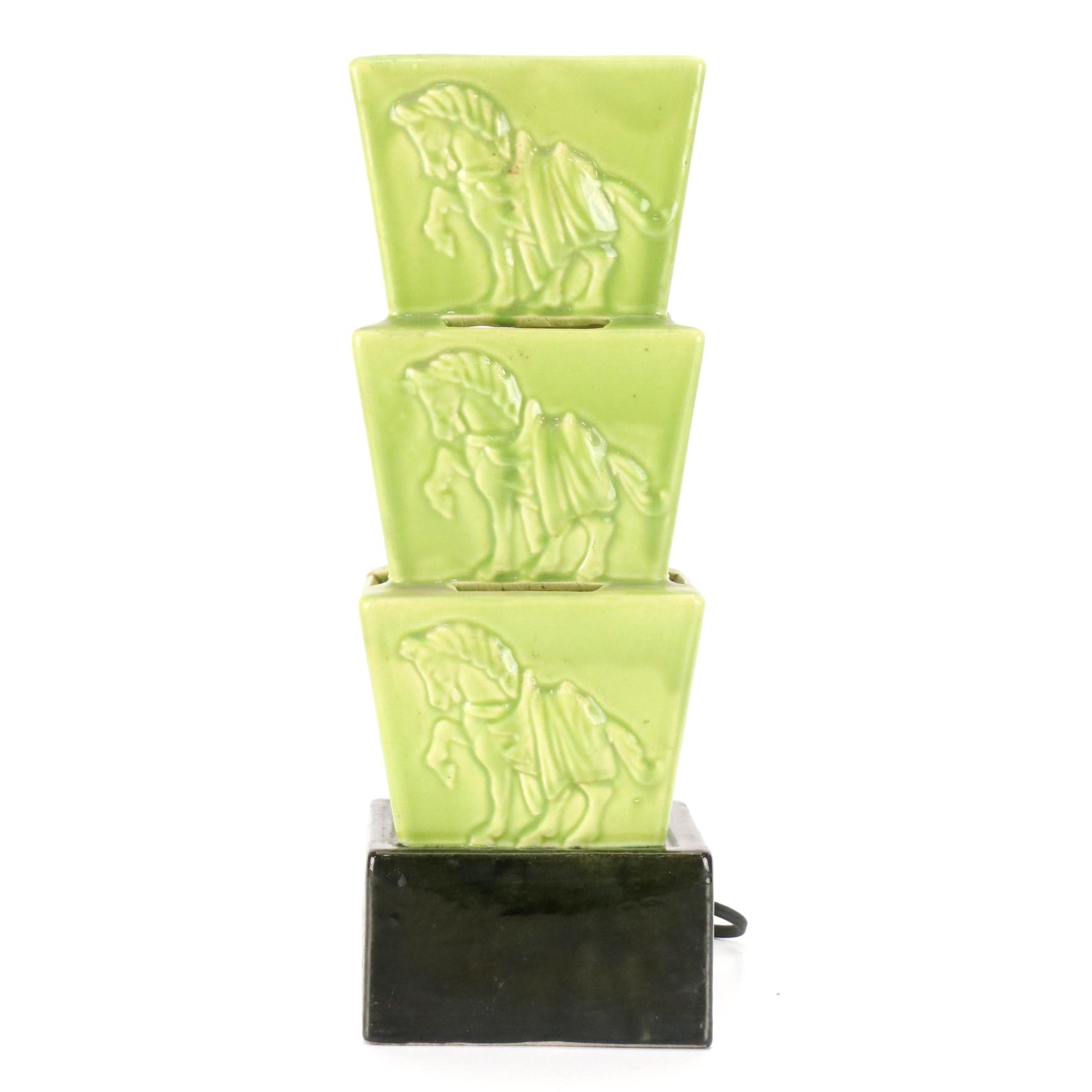 Chartreuse Glazed Horses Ceramic Table Lamp, Early to Mid-20th C.