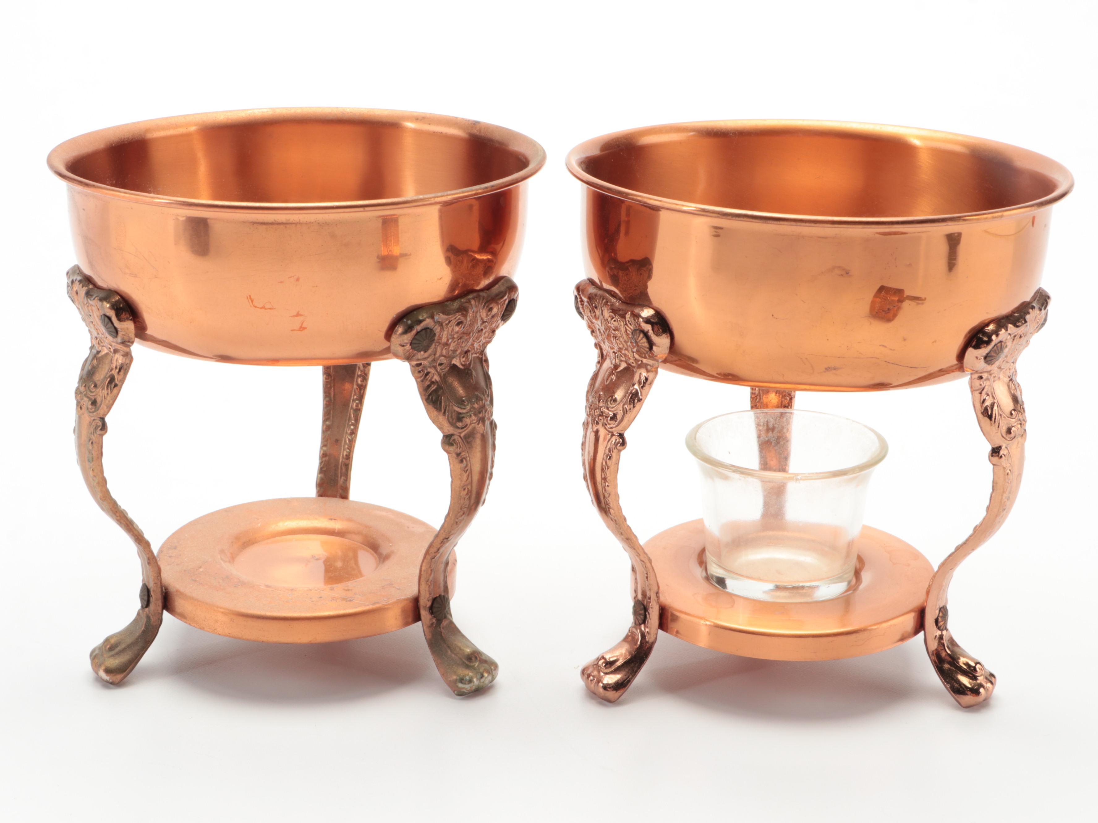 Neoclassical Style Copper Warmers and Decanter Holders with Decanter Lids