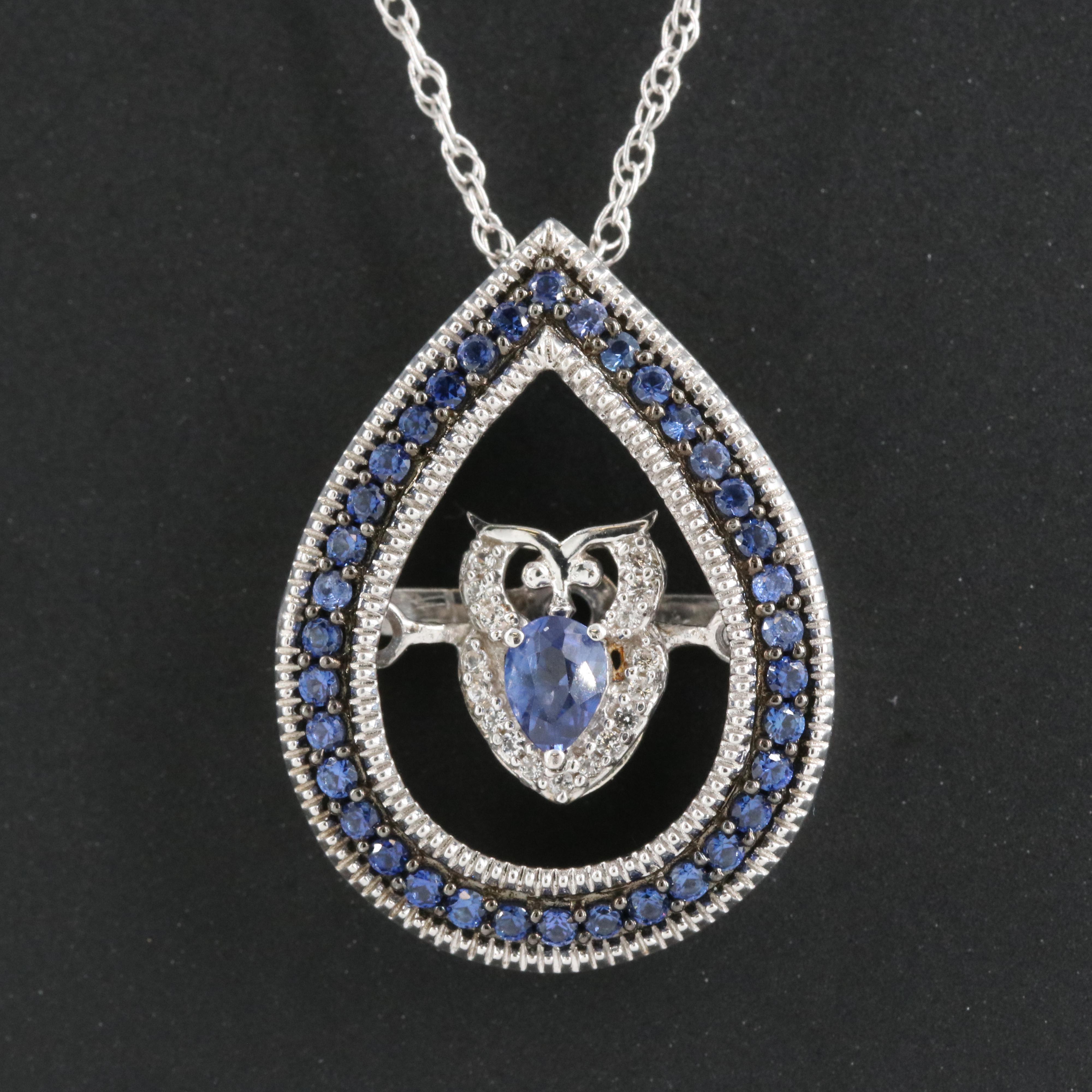 Sterling Sapphire Owl Tremble Pendant Necklace