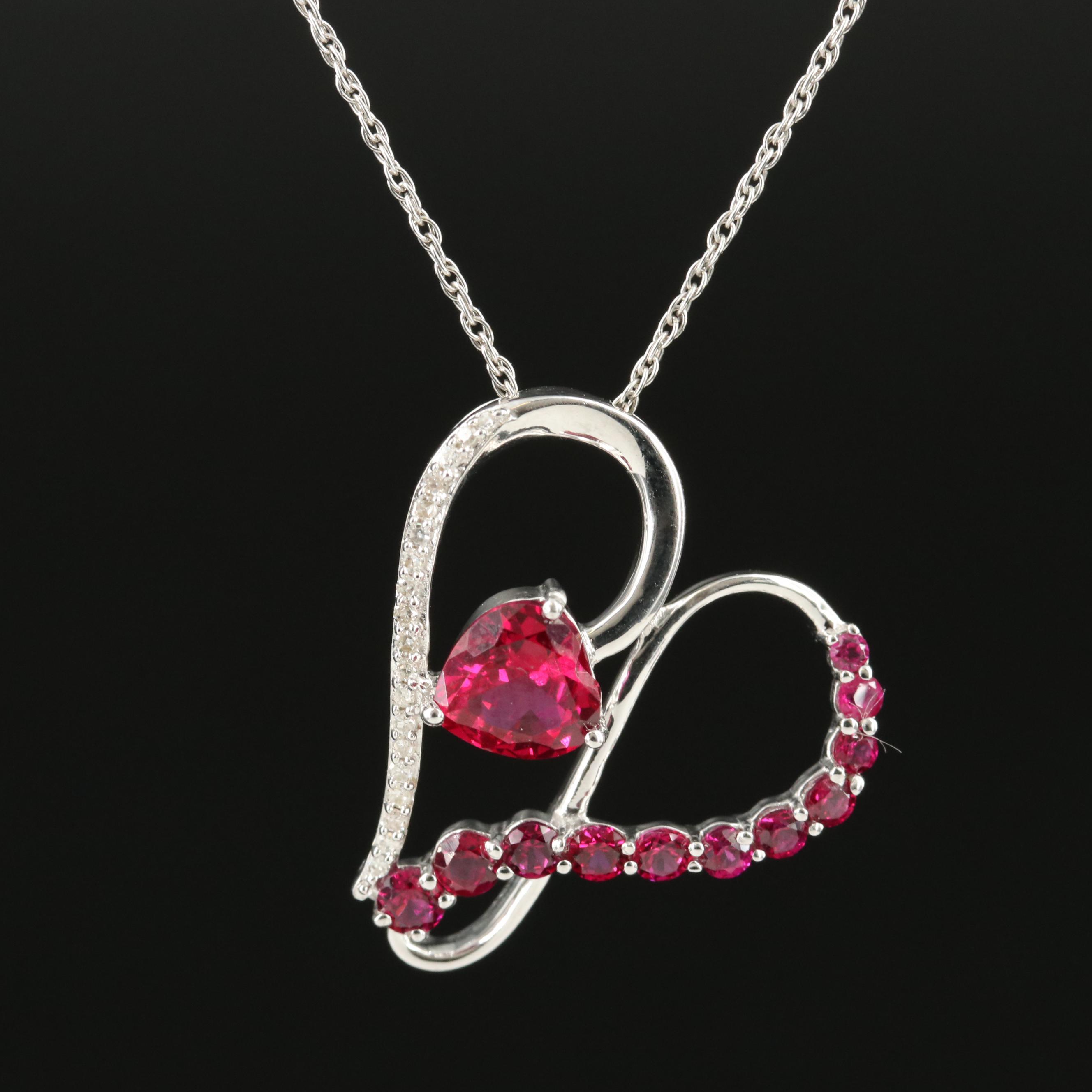 Sterling Ruby and Diamond Heart Pendant Necklace