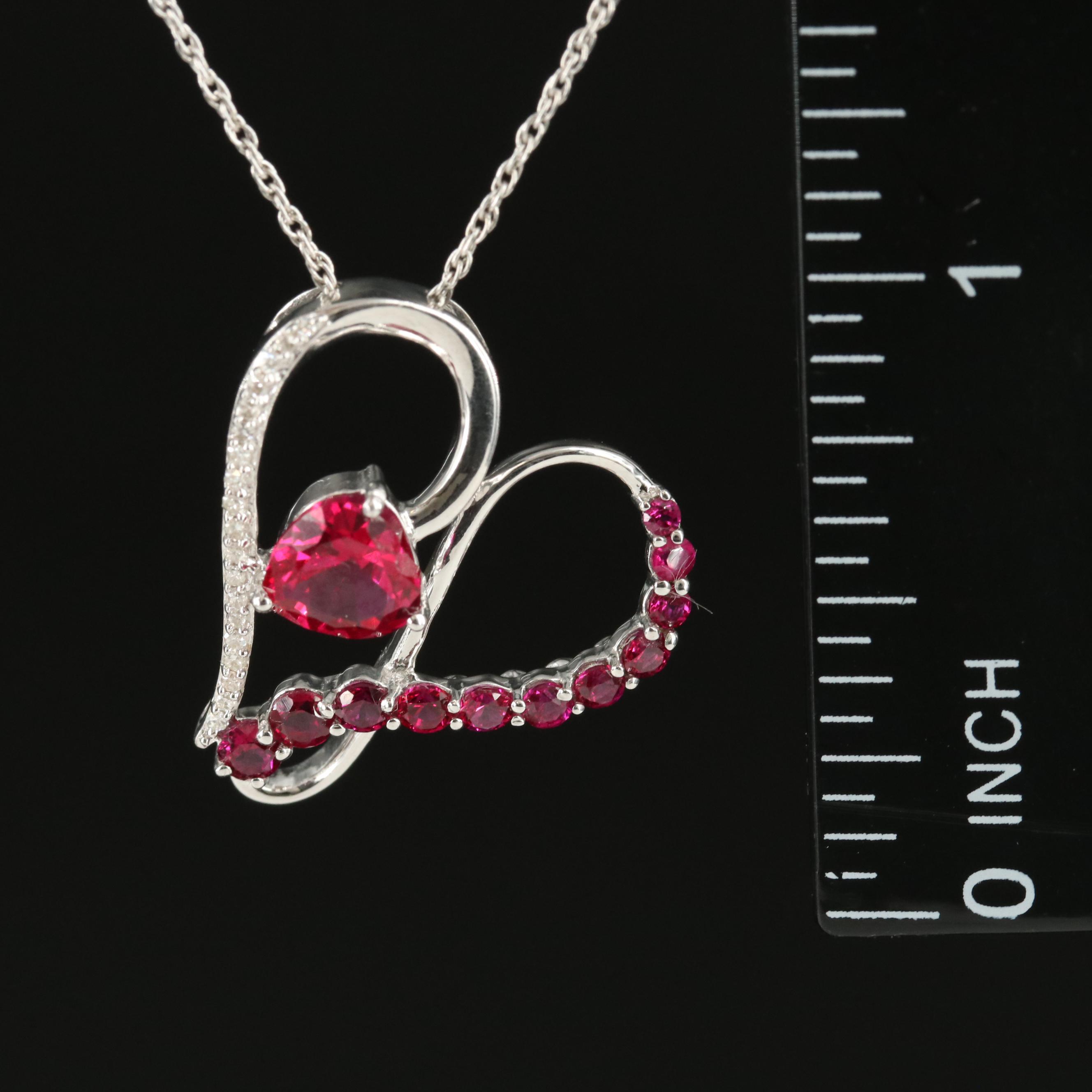 Sterling Ruby and Diamond Heart Pendant Necklace