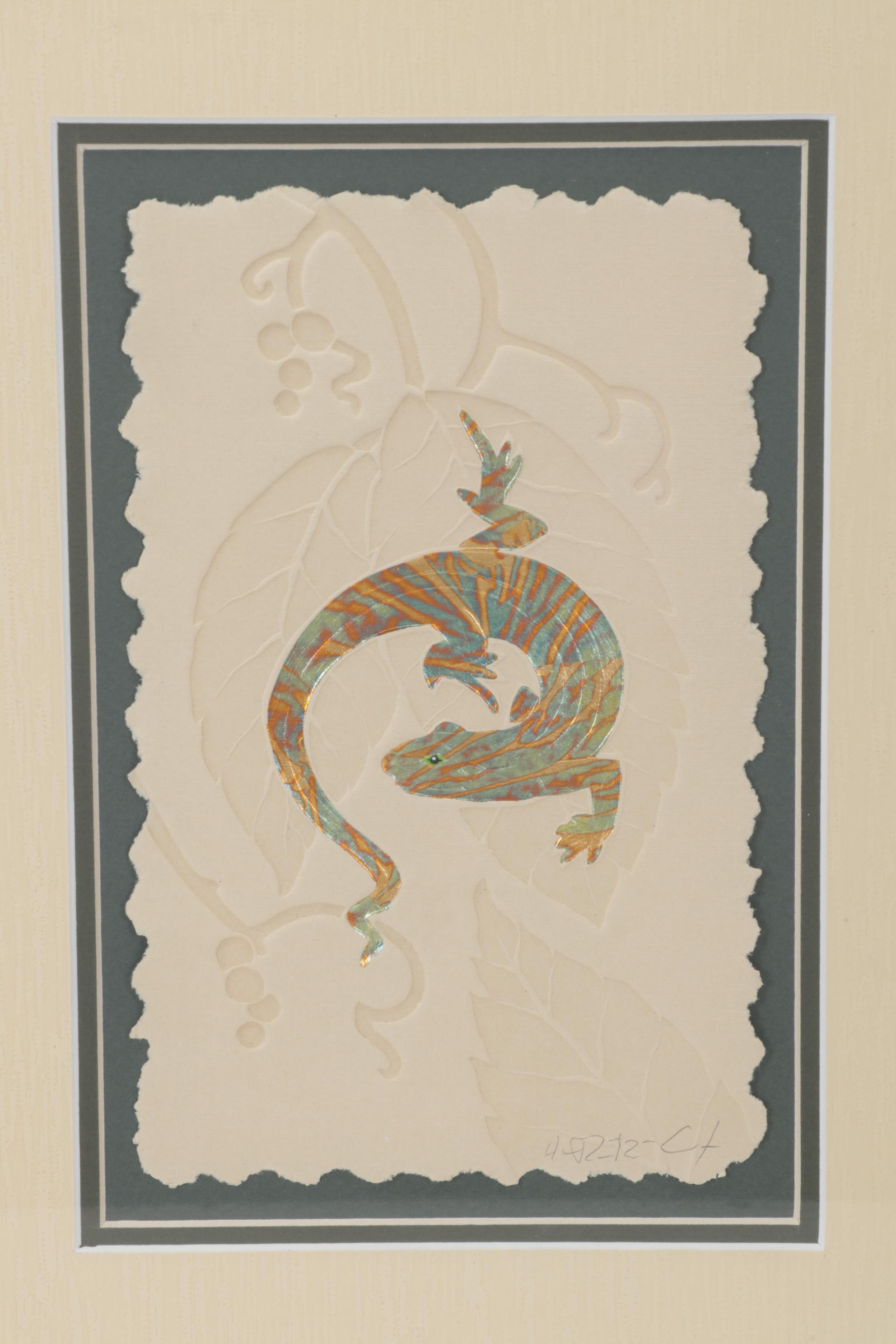 Folk Art Hand-Painted Embossed Etching of Lizard on Leaf, Circa 1975