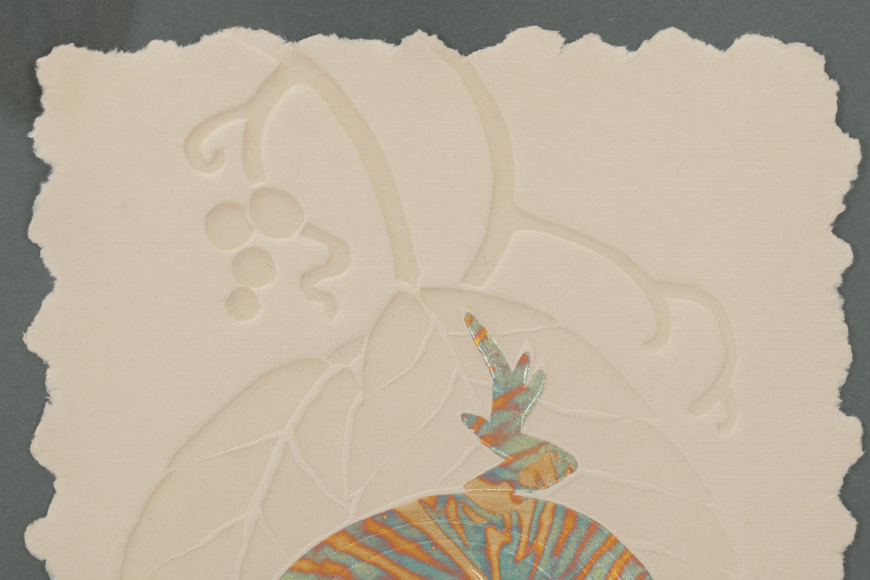 Folk Art Hand-Painted Embossed Etching of Lizard on Leaf, Circa 1975