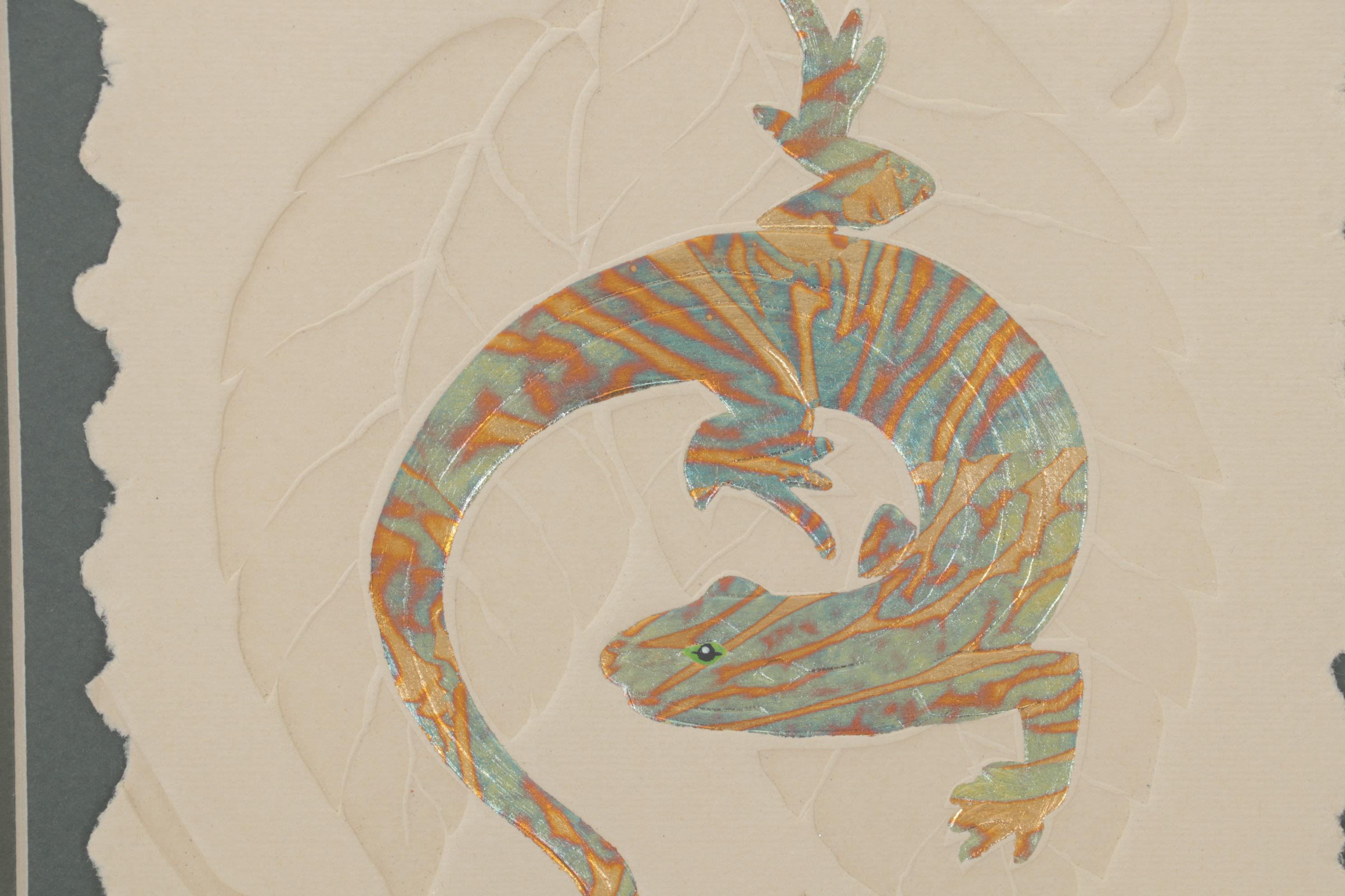 Folk Art Hand-Painted Embossed Etching of Lizard on Leaf, Circa 1975
