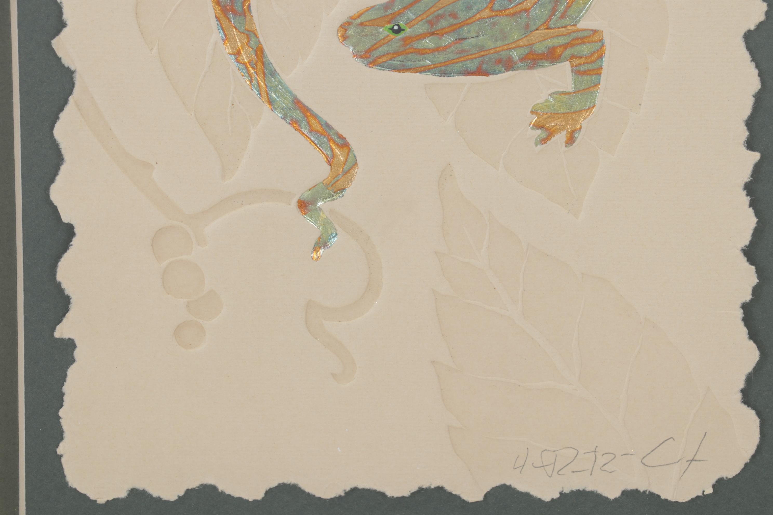 Folk Art Hand-Painted Embossed Etching of Lizard on Leaf, Circa 1975