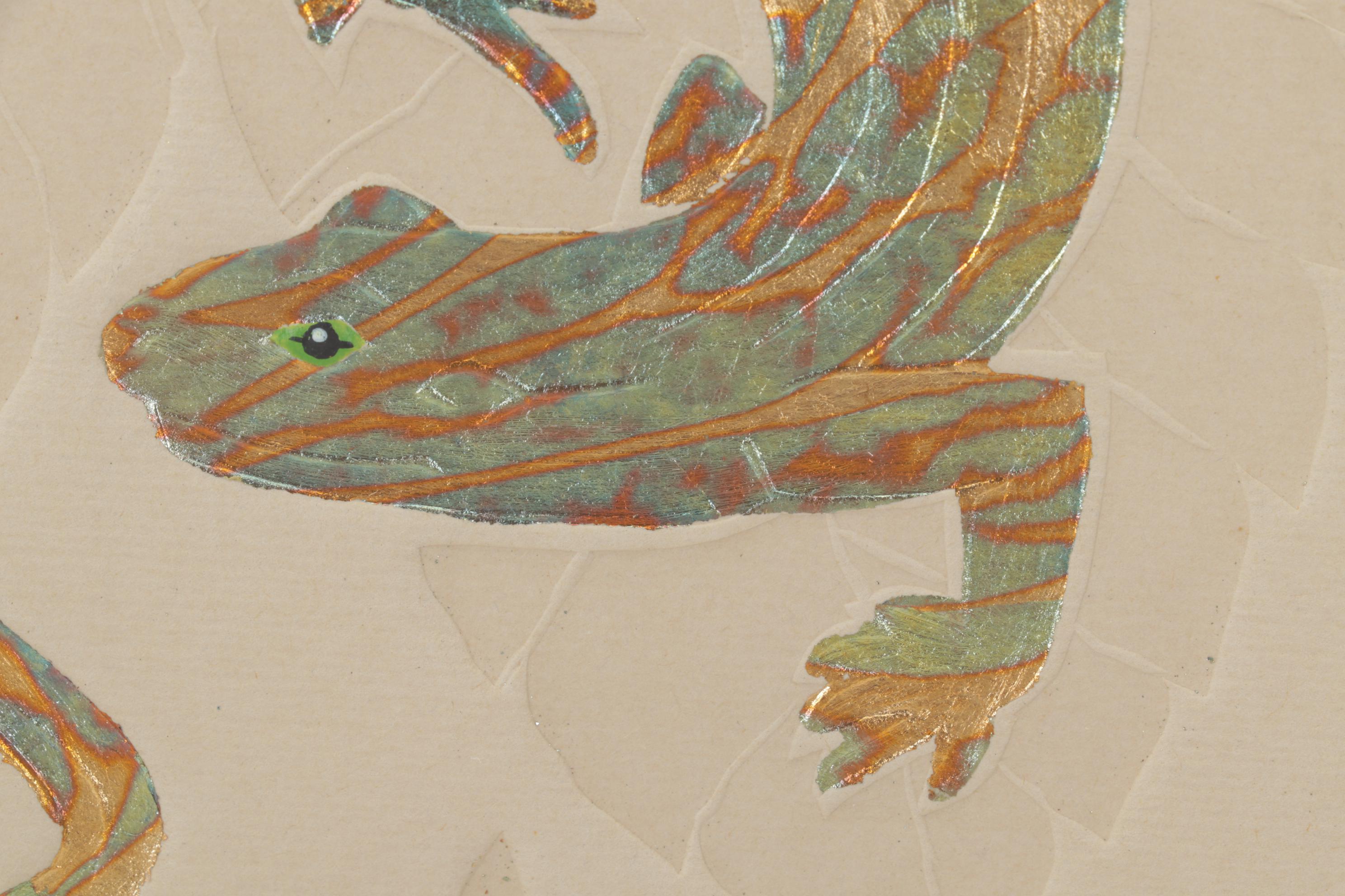 Folk Art Hand-Painted Embossed Etching of Lizard on Leaf, Circa 1975