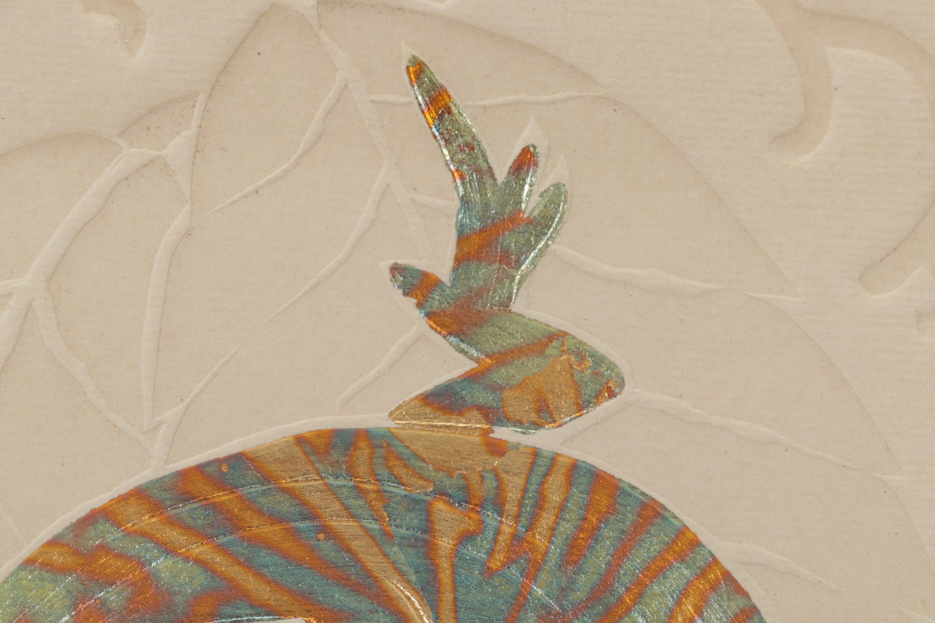 Folk Art Hand-Painted Embossed Etching of Lizard on Leaf, Circa 1975