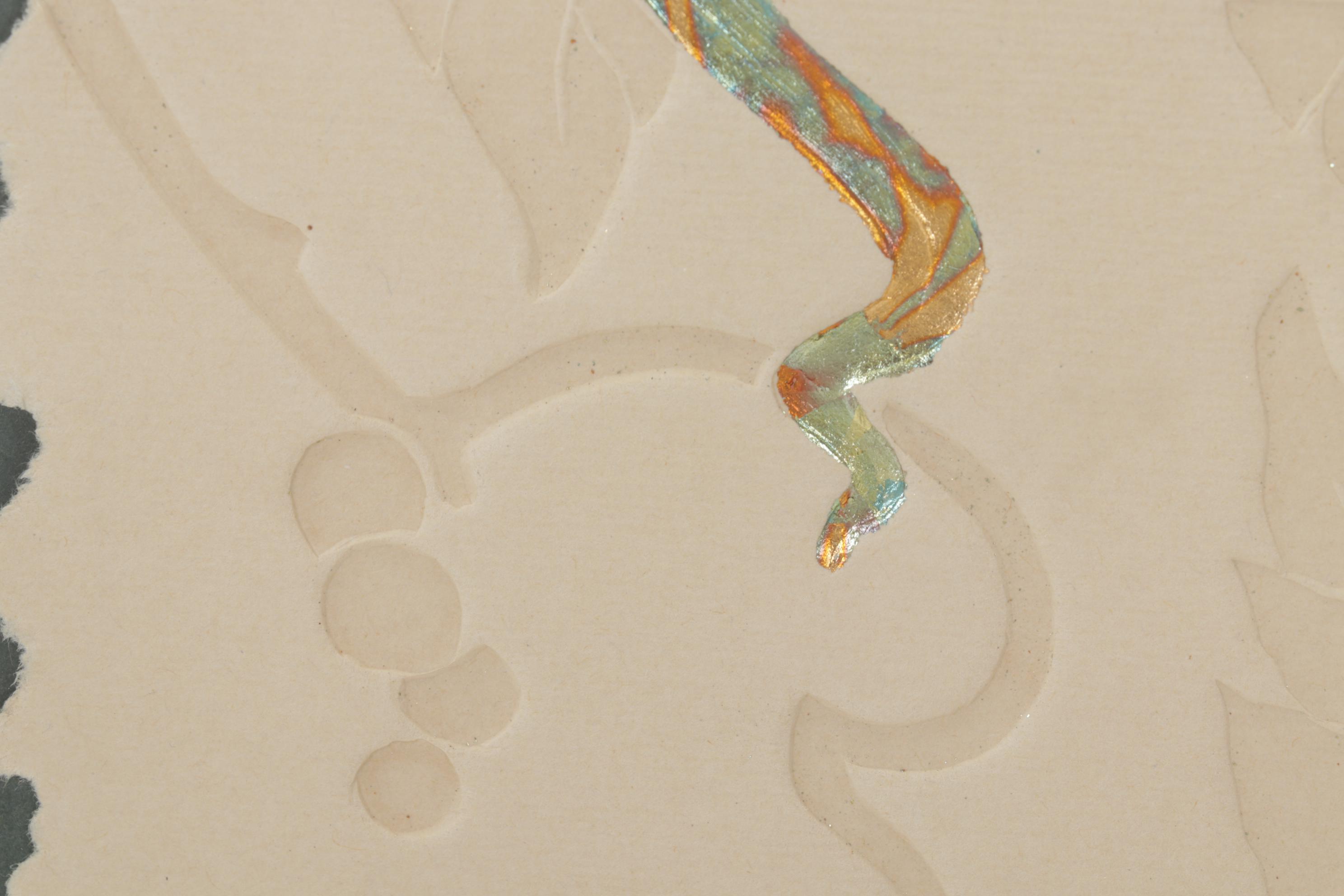 Folk Art Hand-Painted Embossed Etching of Lizard on Leaf, Circa 1975