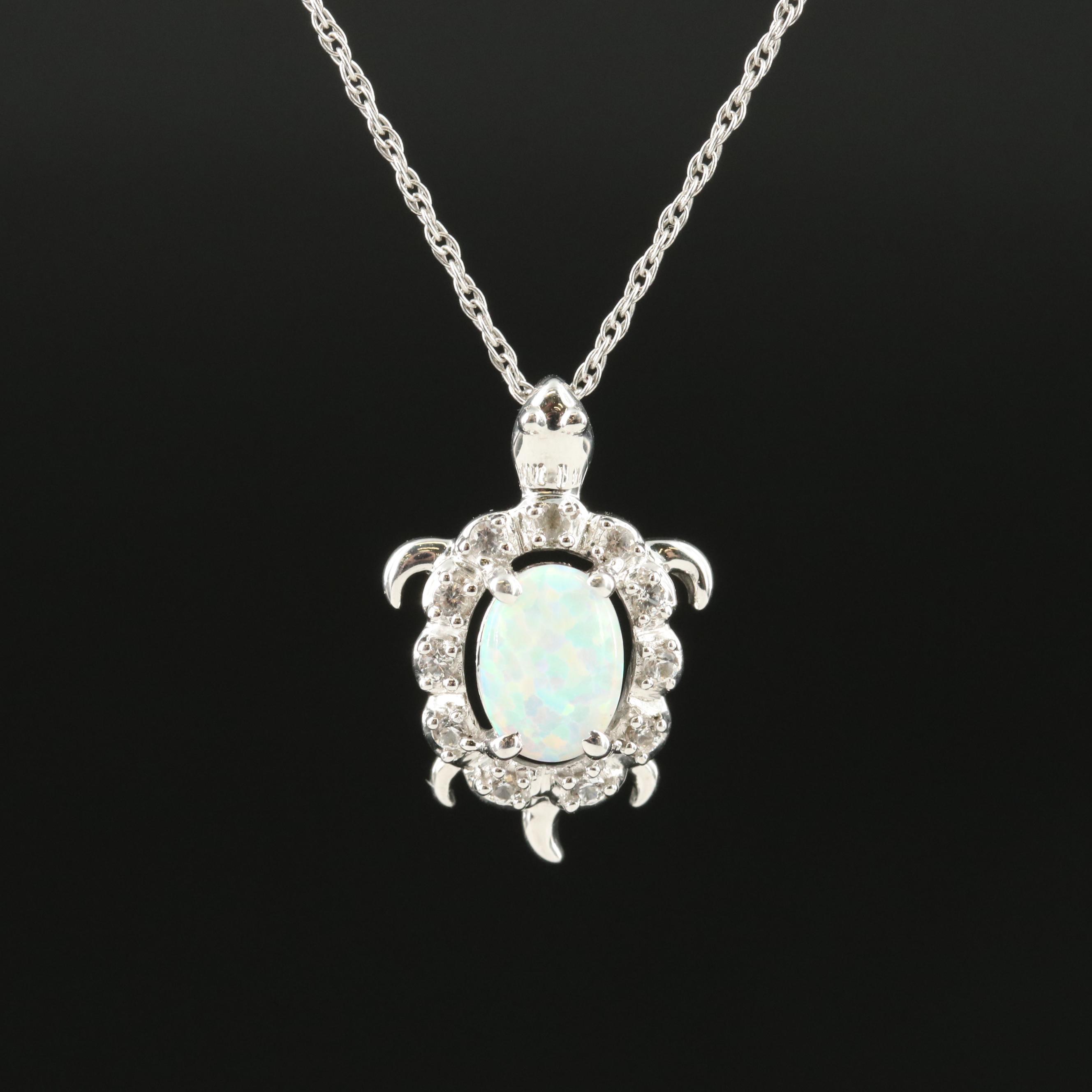 Sterling Opal and Sapphire Turtle Pendant Necklace