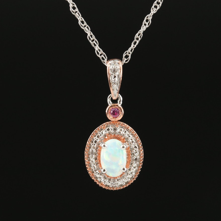 Sterling Opal and Sapphire Pendant Necklace