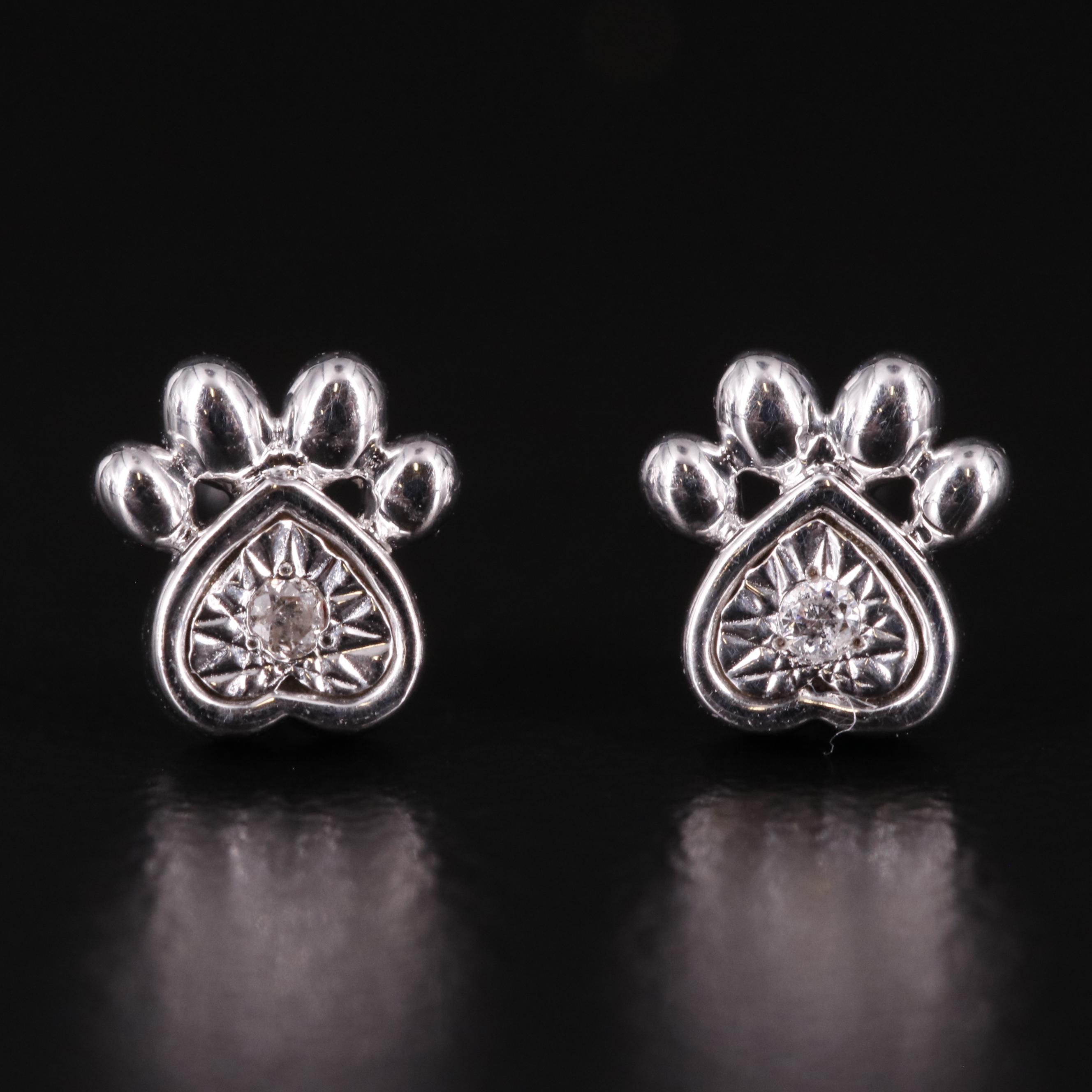 Sterling Diamond Paw Print Stud Earrings