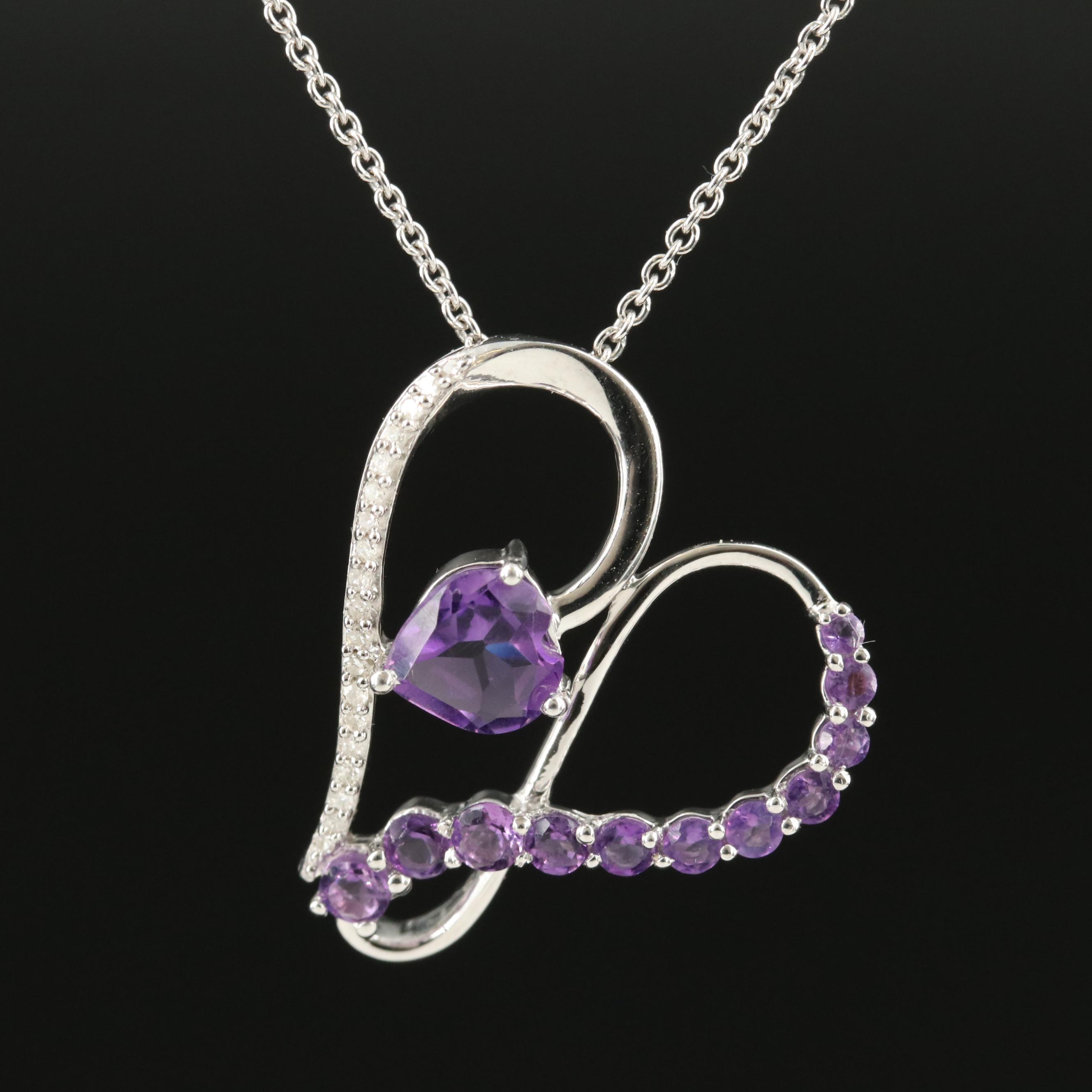 Sterling Amethyst and Diamond Heart Pendant Necklace