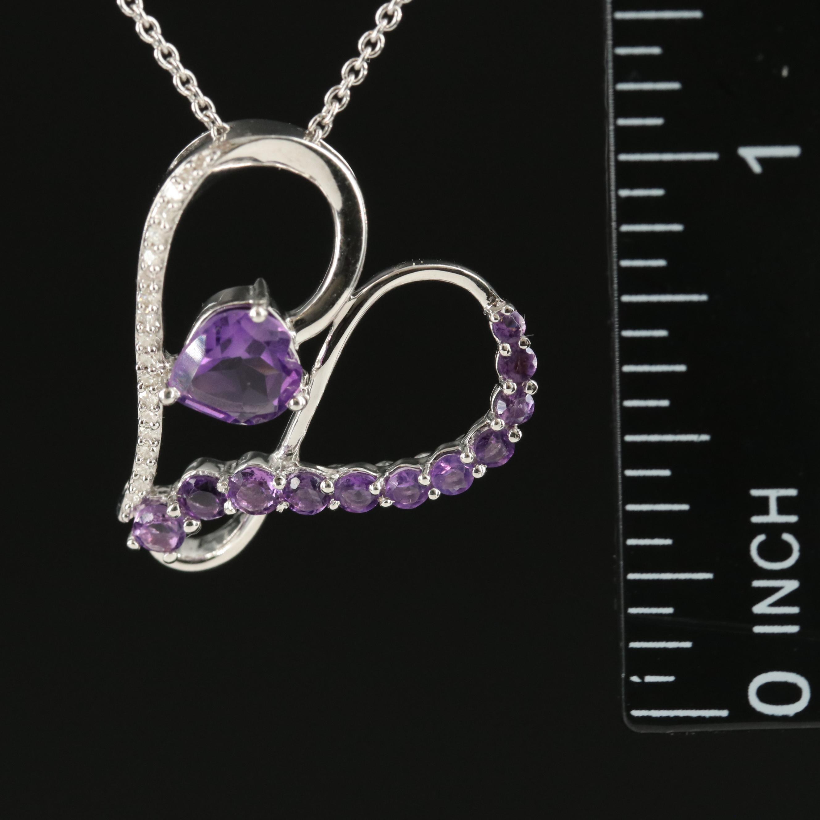 Sterling Amethyst and Diamond Heart Pendant Necklace