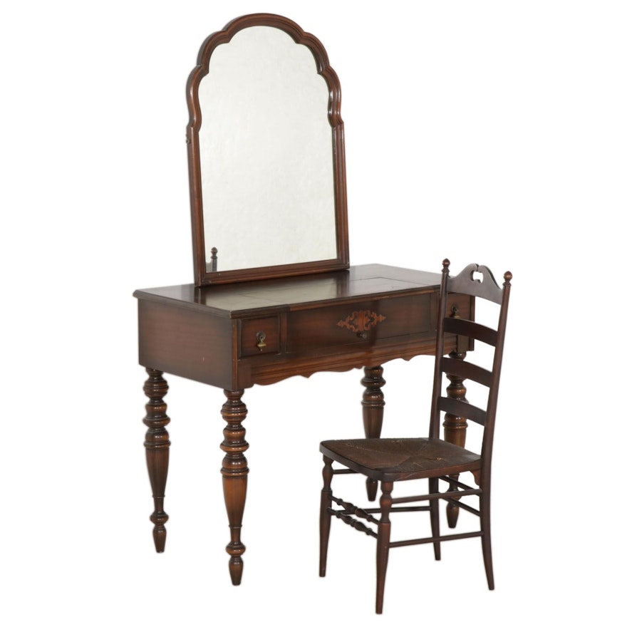 Early American Style Walnut-Finish Spinet Desk, Chair and Mirror