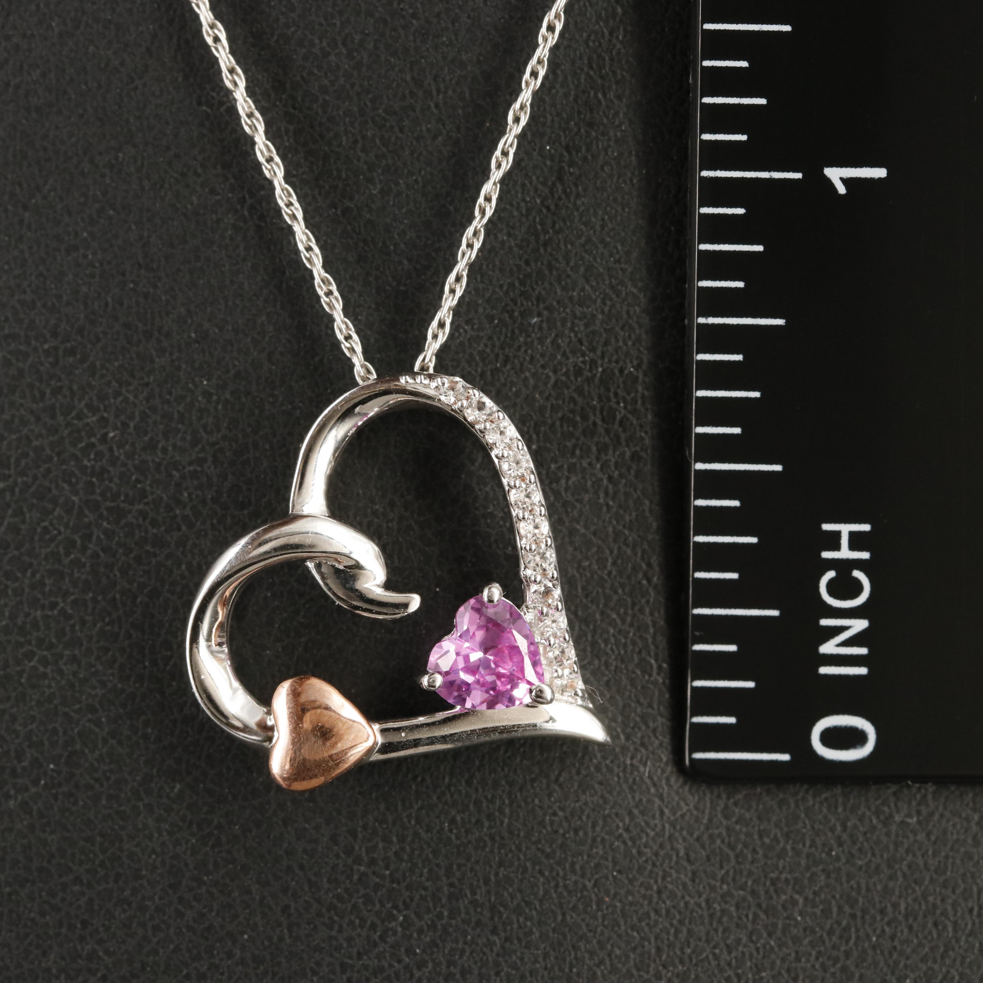 Pink and White Sapphire Heart Pendant Necklace with 10K Rose Gold Accents