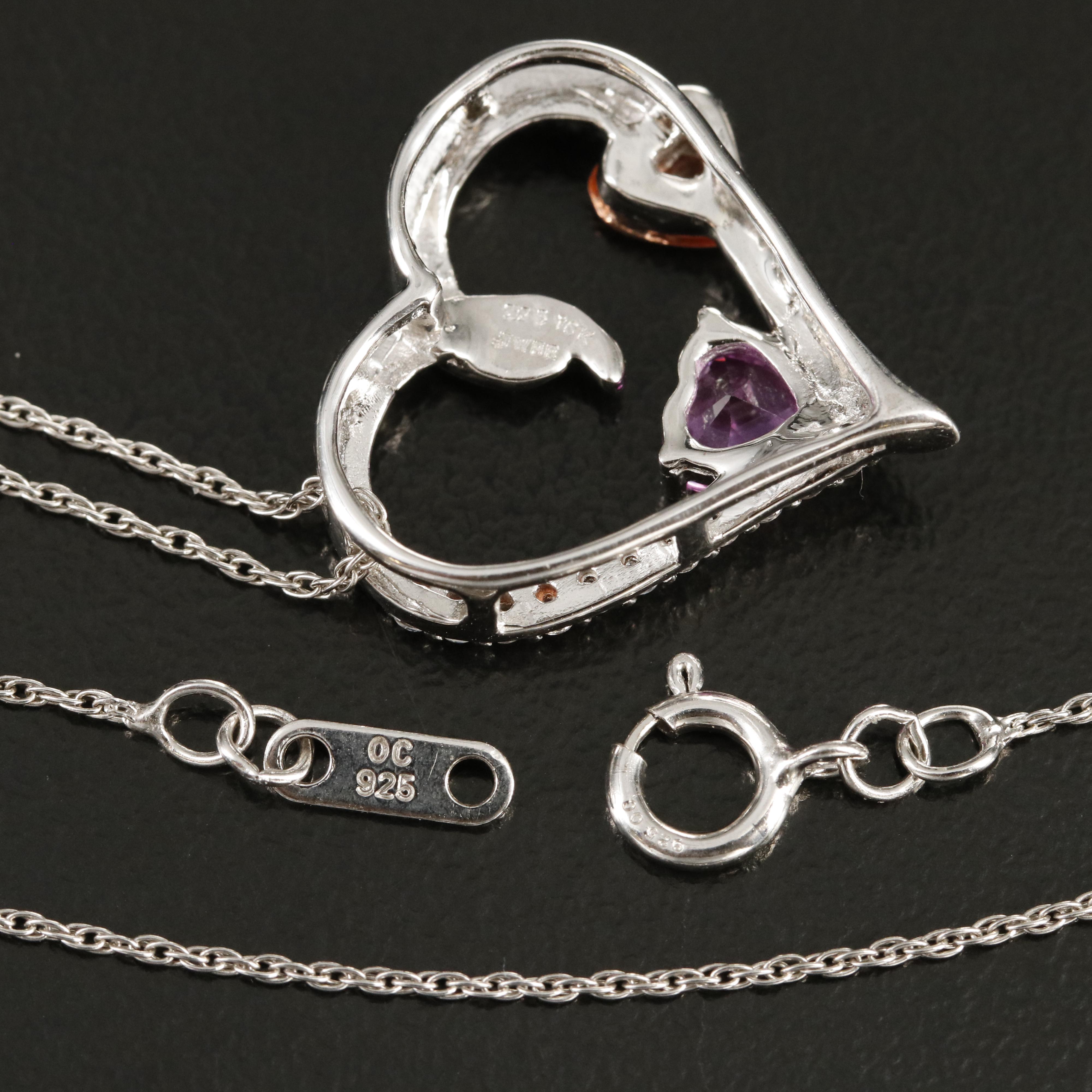 Pink and White Sapphire Heart Pendant Necklace with 10K Rose Gold Accents