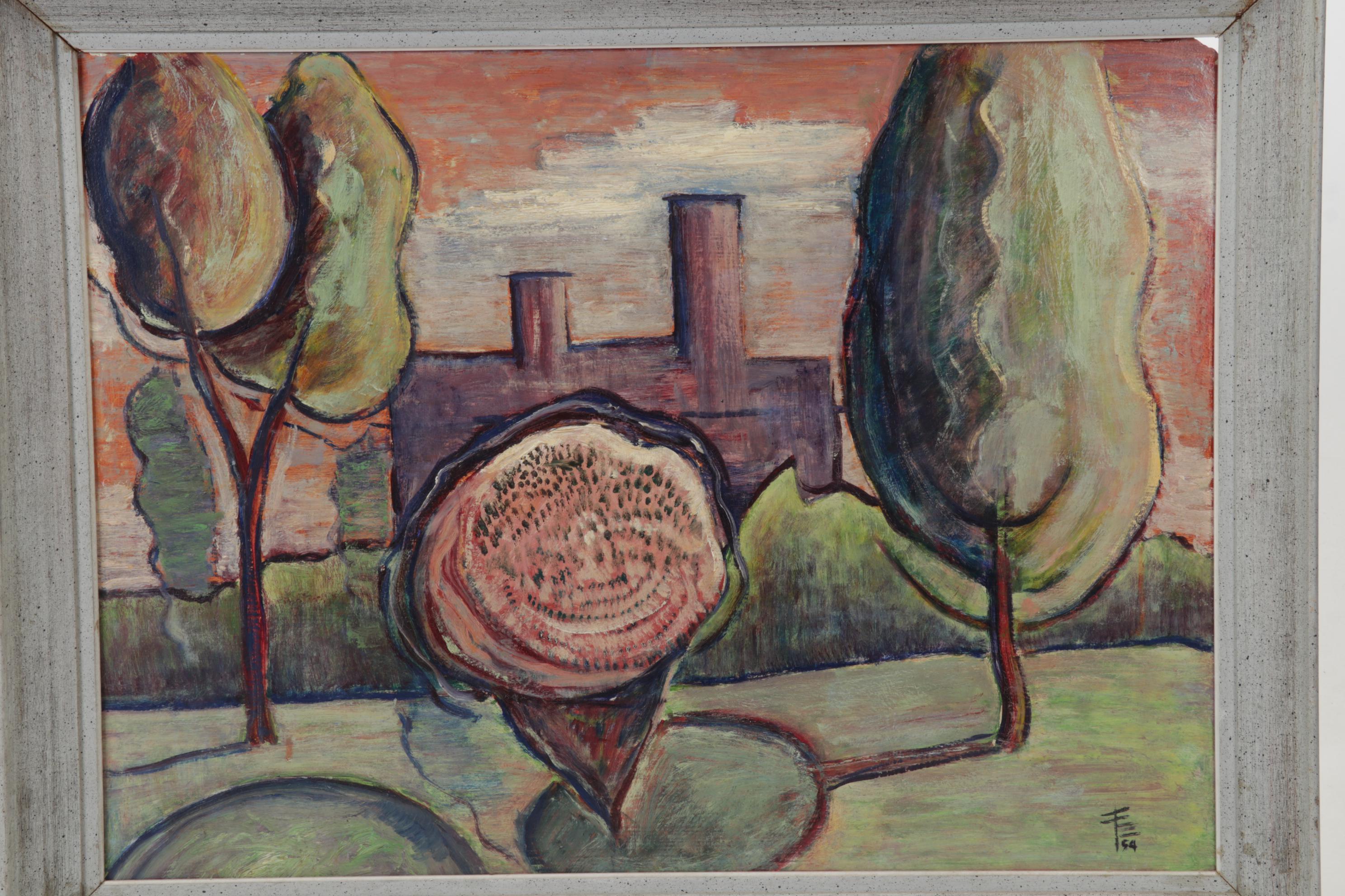 Landscape Oil Painting Featuring Surreal Structure, 1954