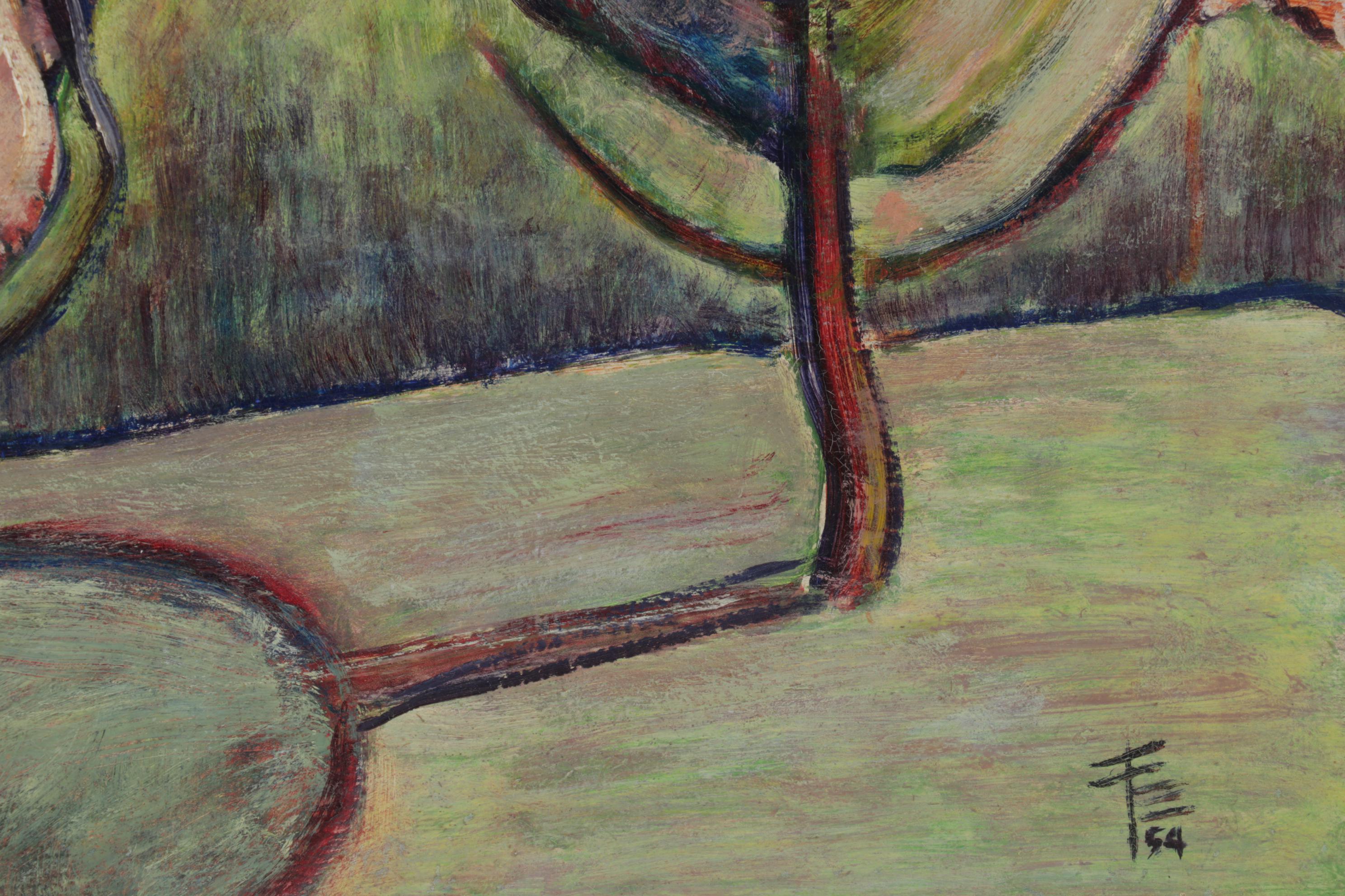 Landscape Oil Painting Featuring Surreal Structure, 1954