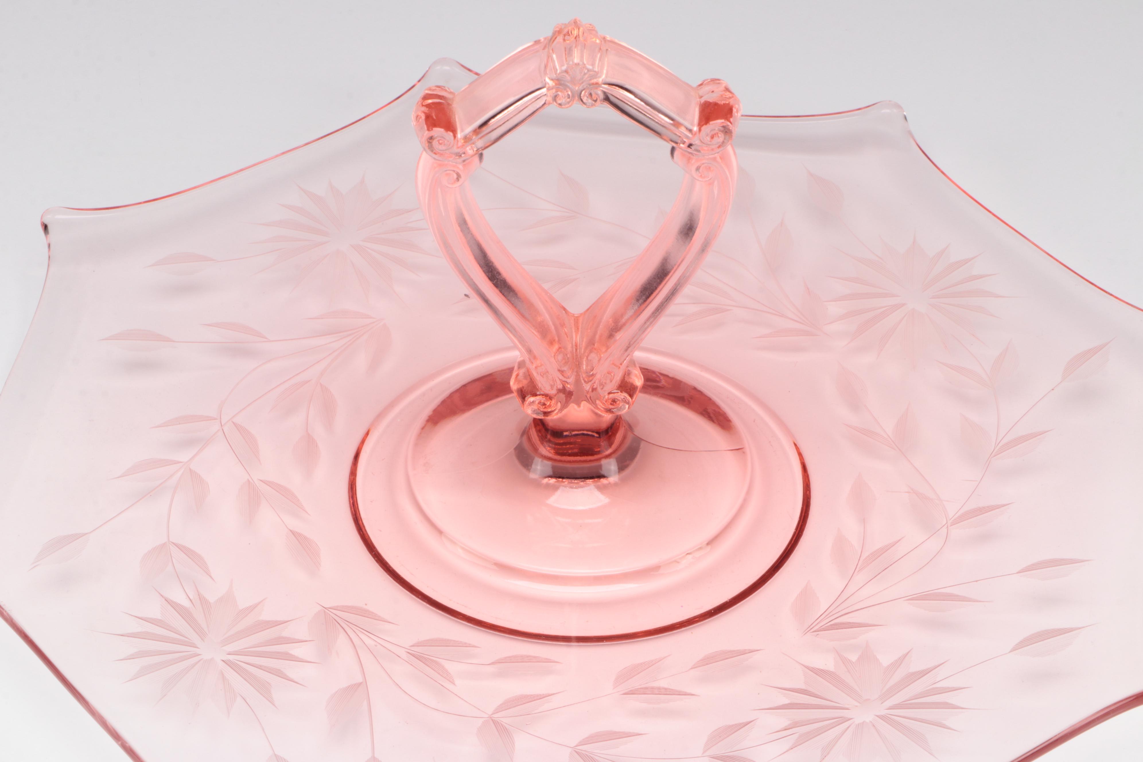 Pink Depression Glass and Pink Satin Glass Tidbit Tray, Mid-20th Century