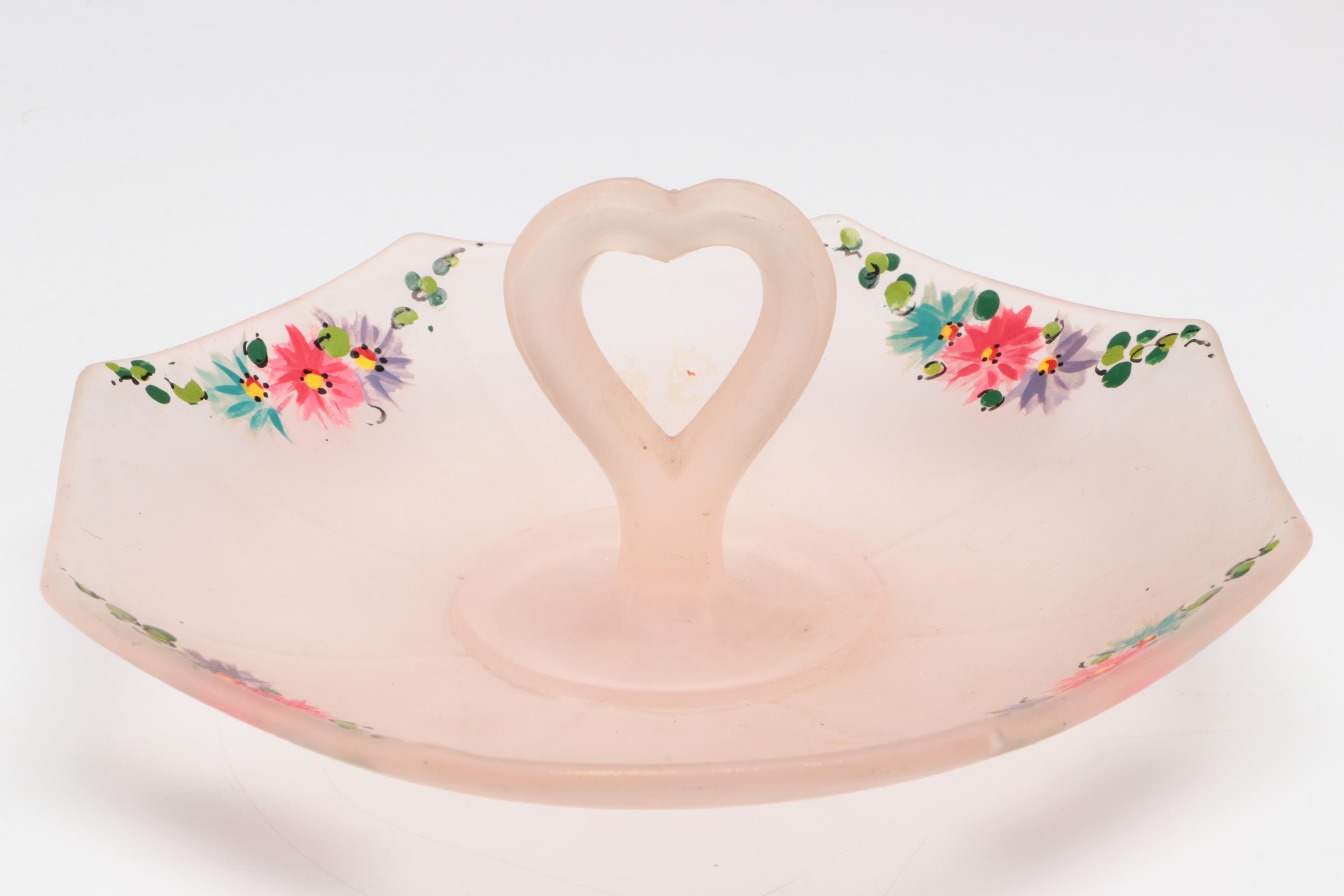 Pink Depression Glass and Pink Satin Glass Tidbit Tray, Mid-20th Century