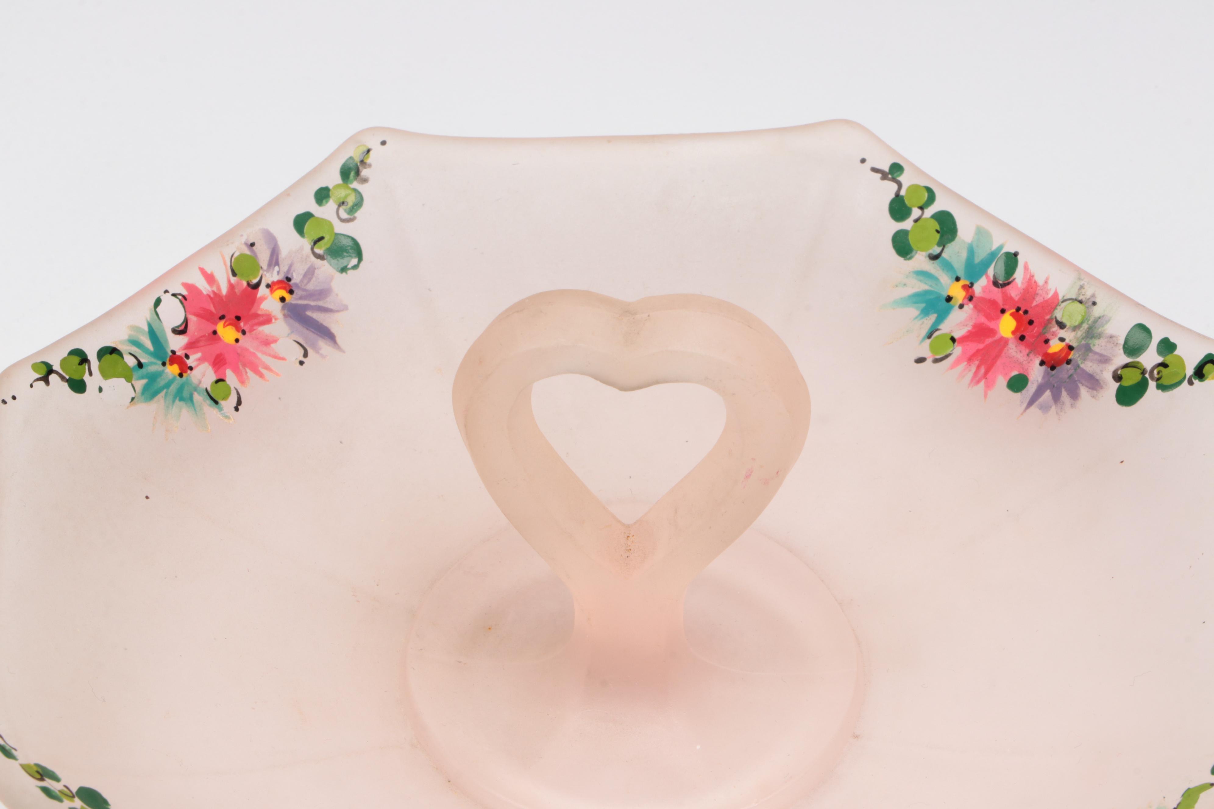 Pink Depression Glass and Pink Satin Glass Tidbit Tray, Mid-20th Century